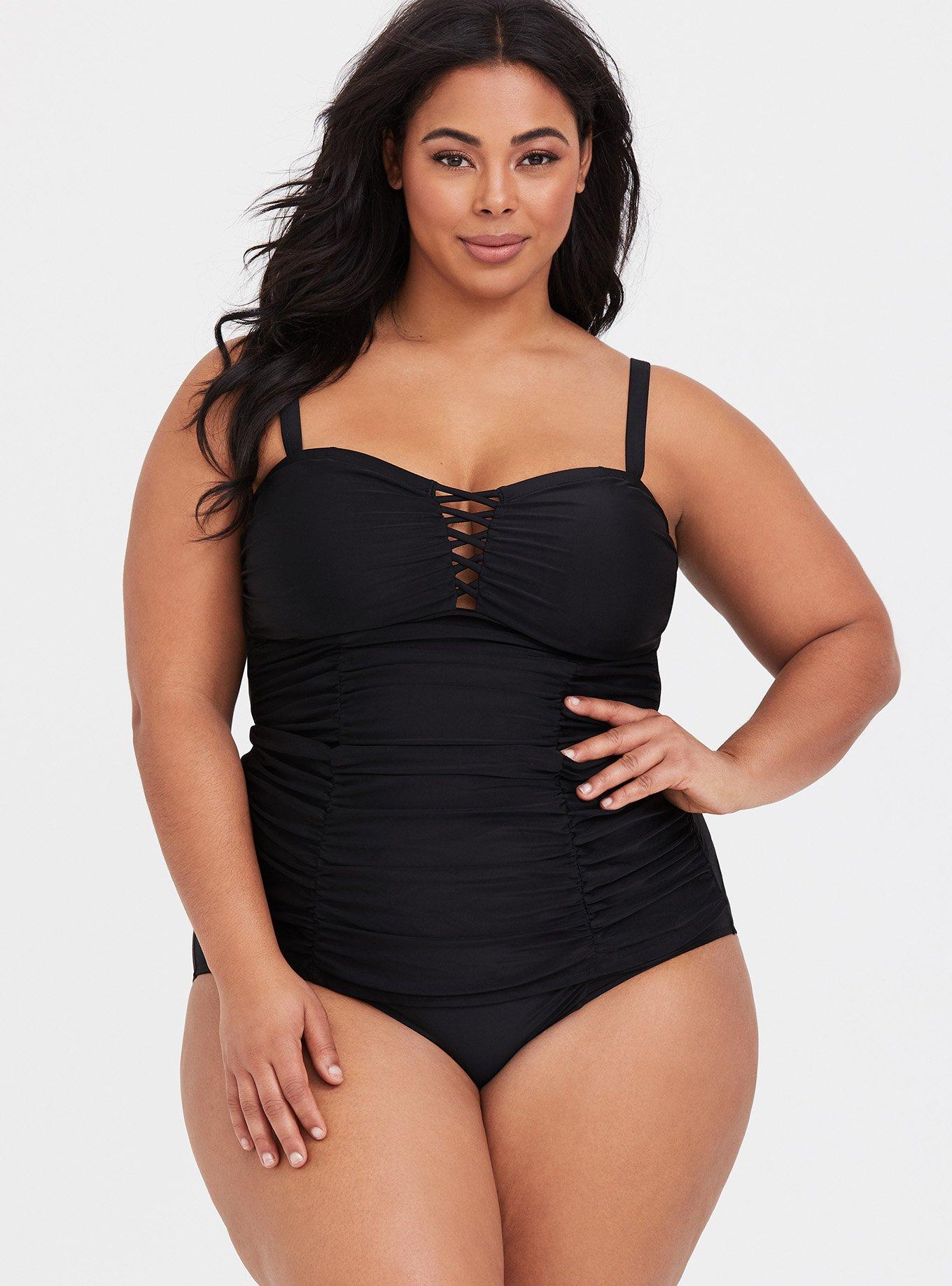 Plus Size Wireless Lattice Front Fitted Tankini, , hi-res