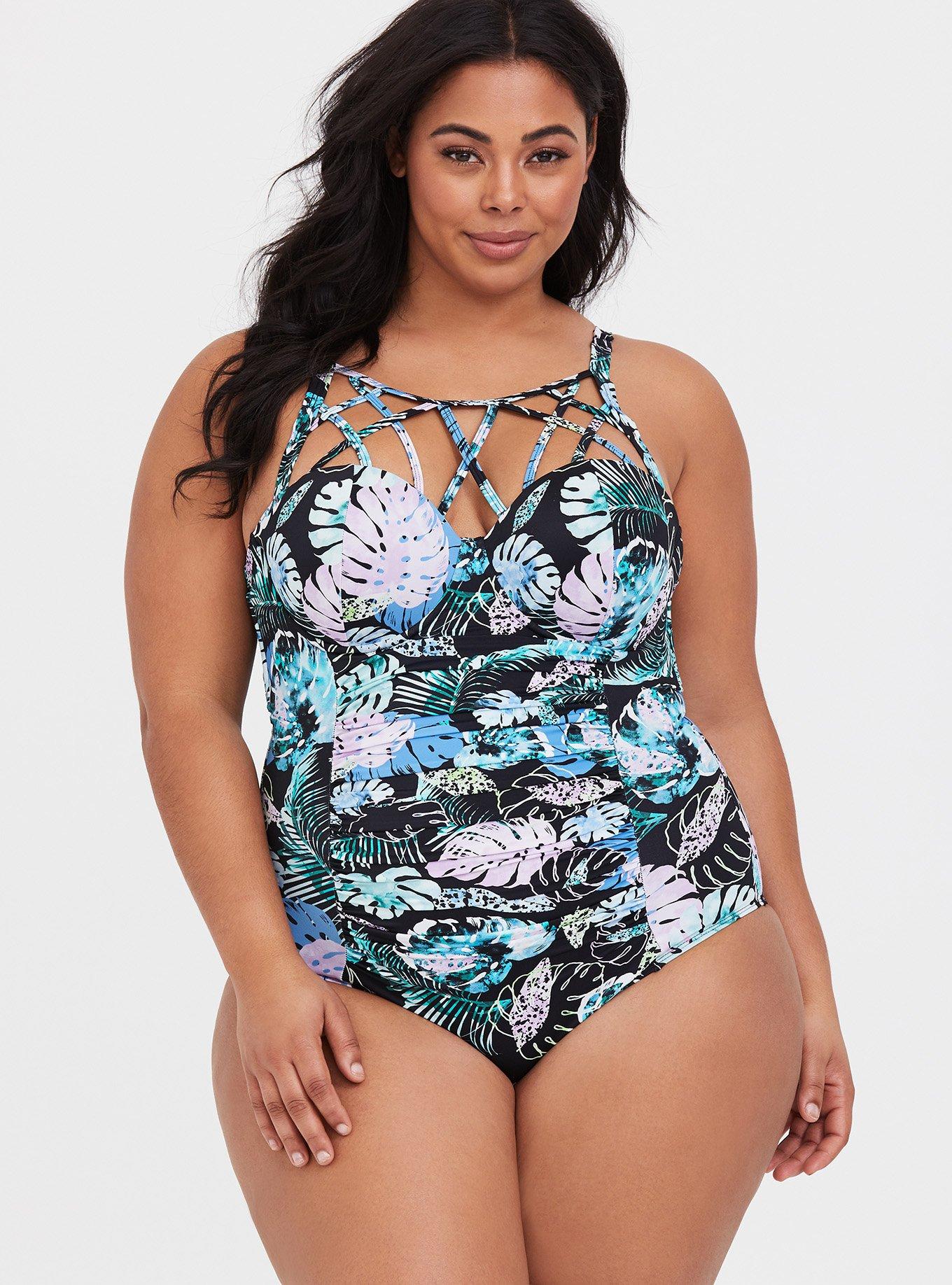 Plus Size Tropical Slim Fix Push-Up One-Piece Swimsuit, , hi-res