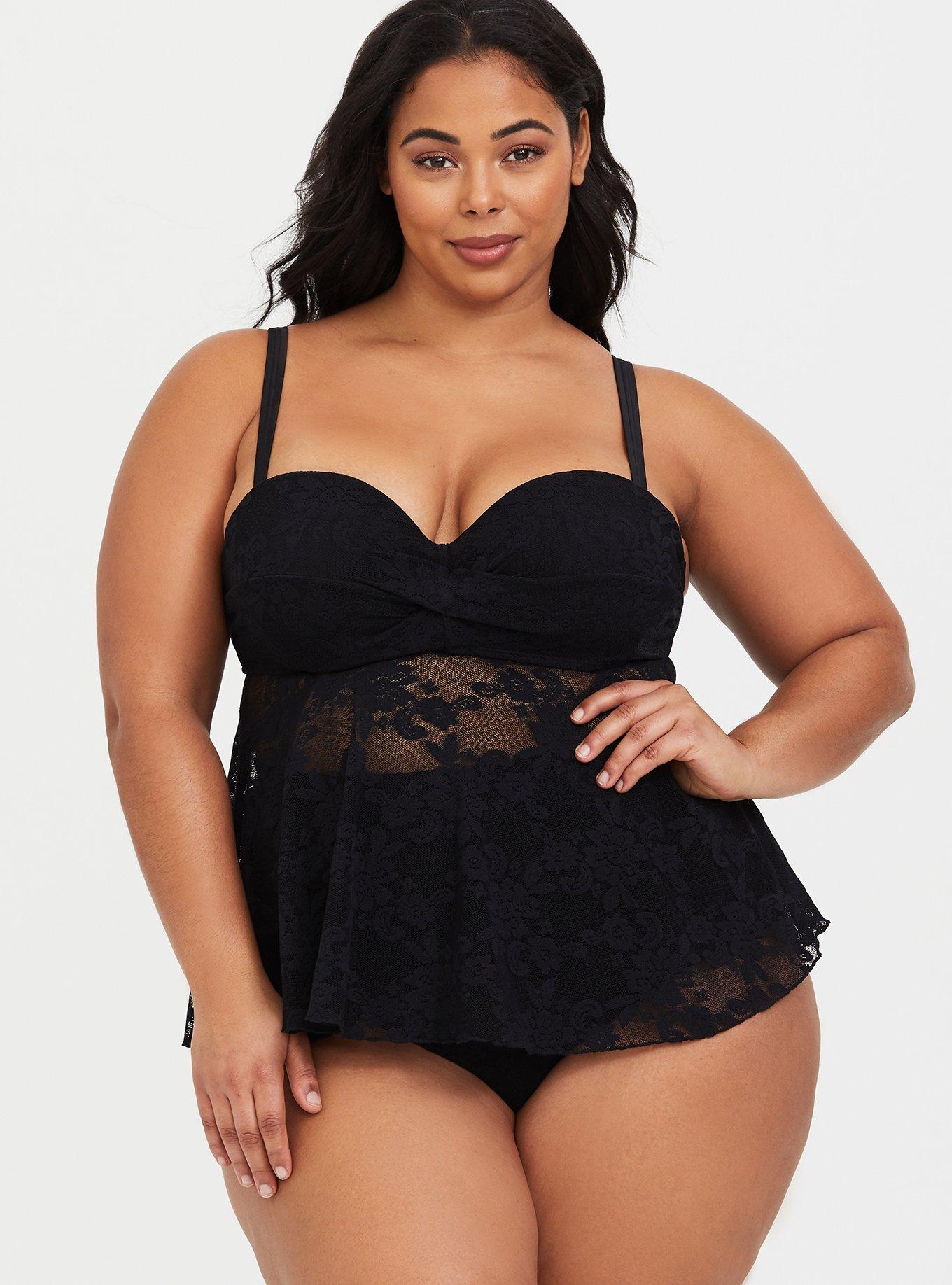 Black Lace Underwire Tankini Top, , hi-res