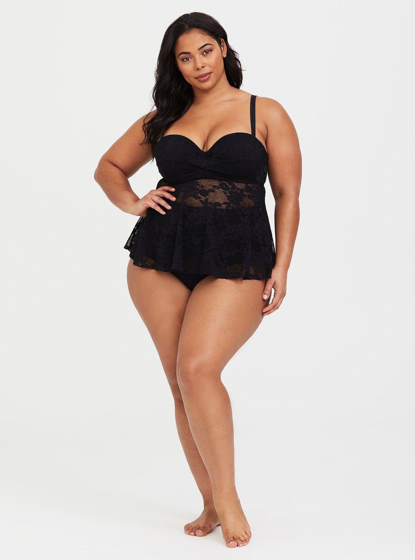 Plus Size High-Rise Ruched Floral Lace Swim Bottom, DEEP BLACK, alternate