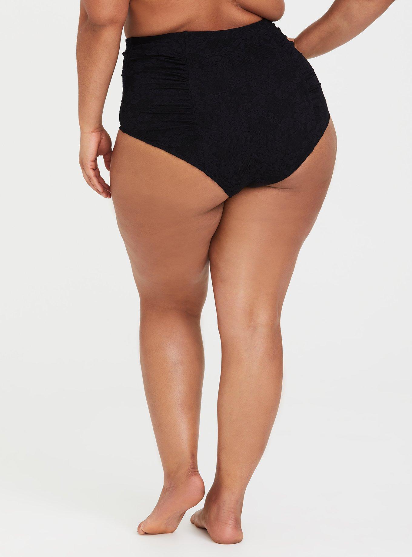 Plus Size High-Rise Ruched Floral Lace Swim Bottom, DEEP BLACK, alternate