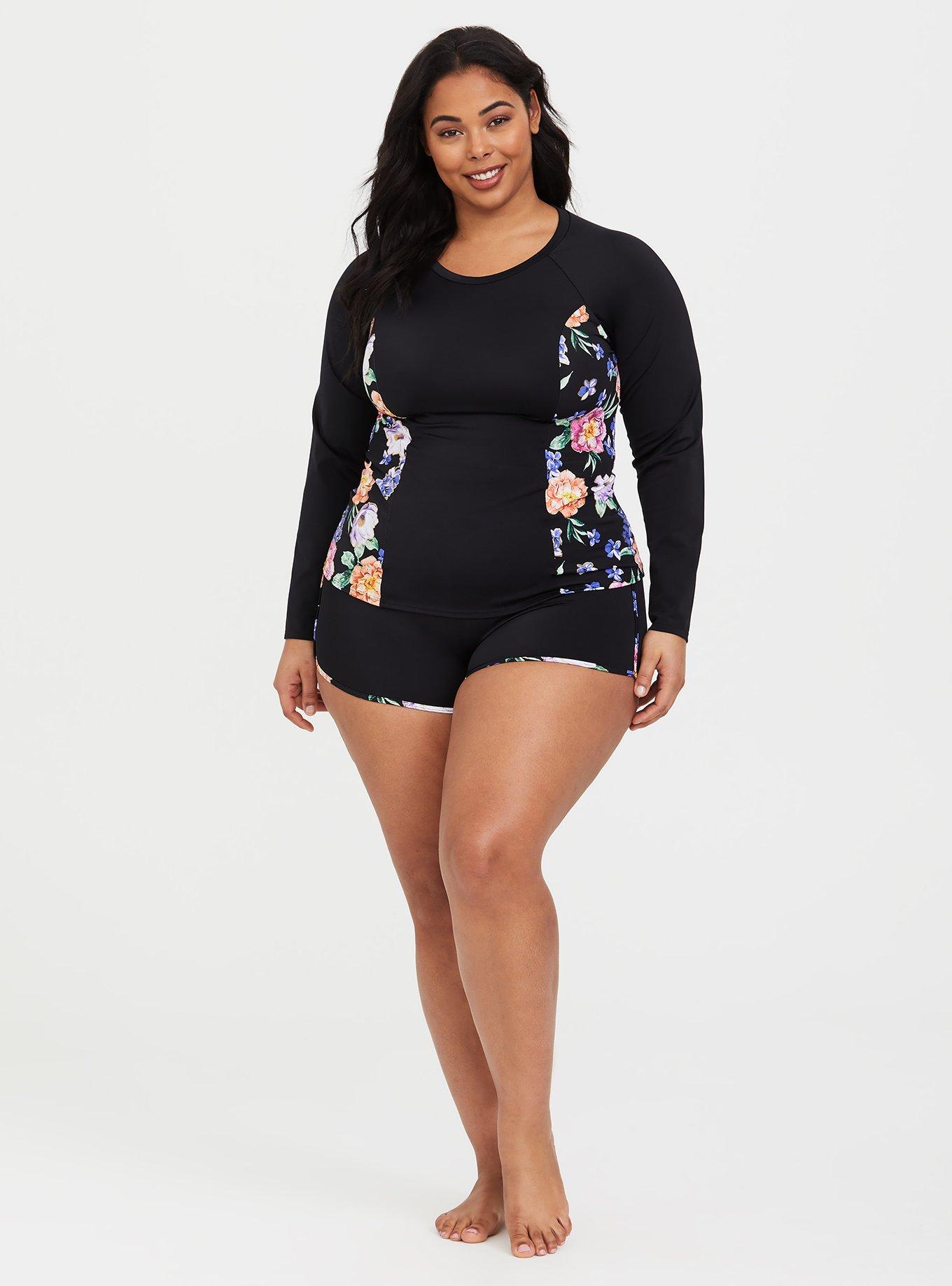 Plus Size Gold Trim Floral Rash Guard, DEEP BLACK, alternate