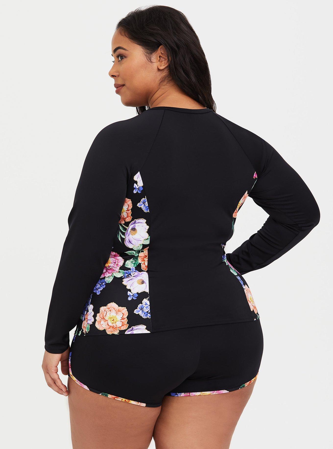 Plus Size Gold Trim Floral Rash Guard, DEEP BLACK, alternate