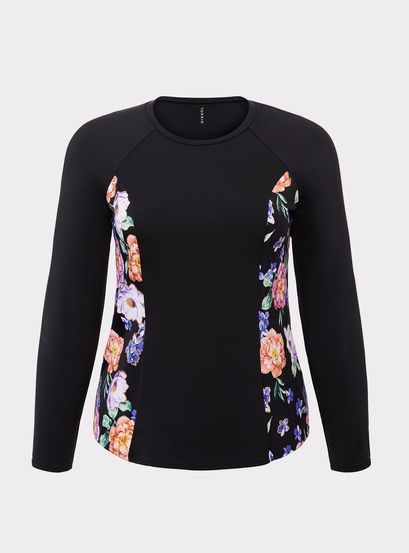 Plus Size Gold Trim Floral Rash Guard, DEEP BLACK, hi-res