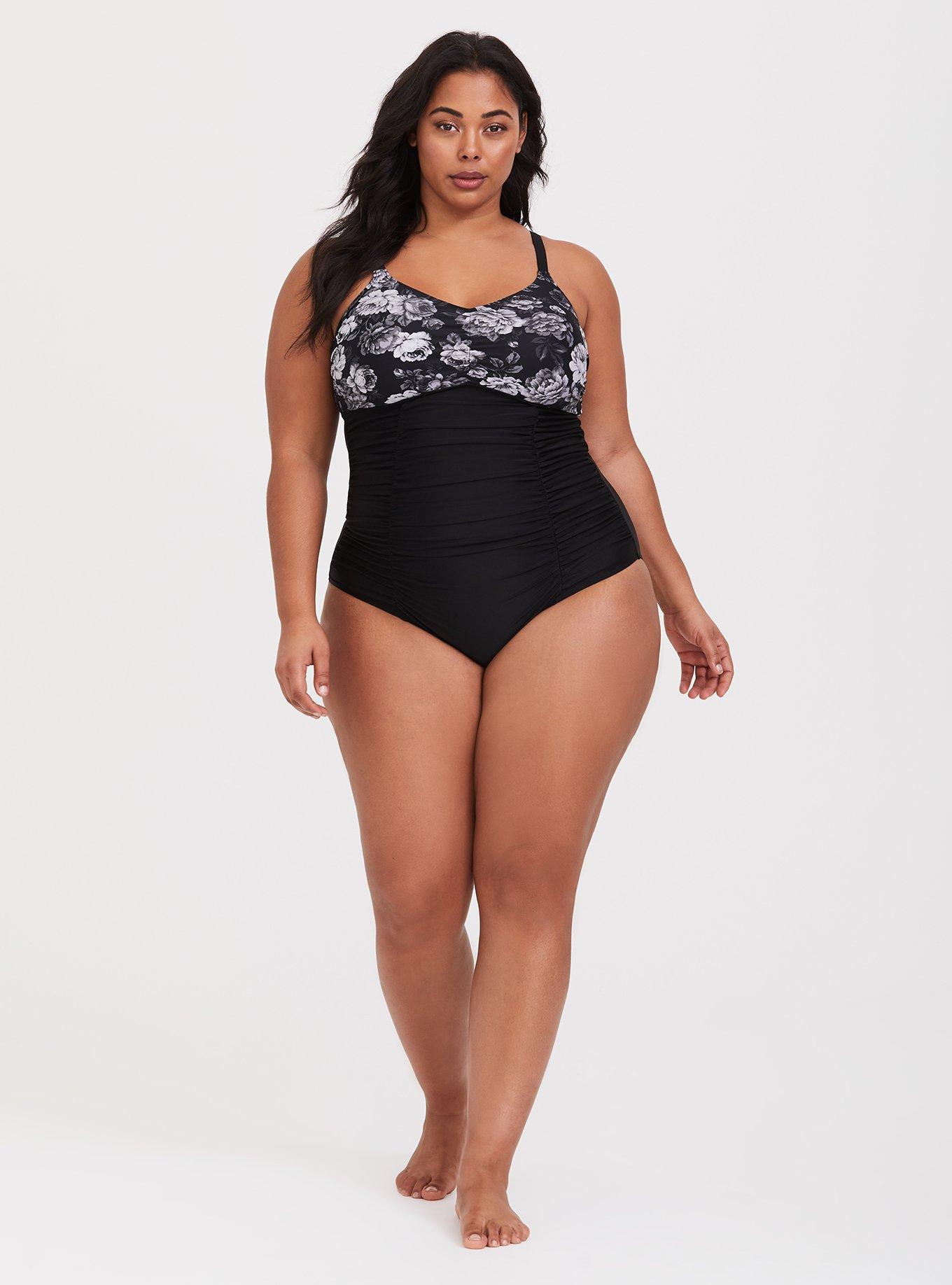 Plus Size Grey Floral Wireless One-Piece Swimsuit, , alternate