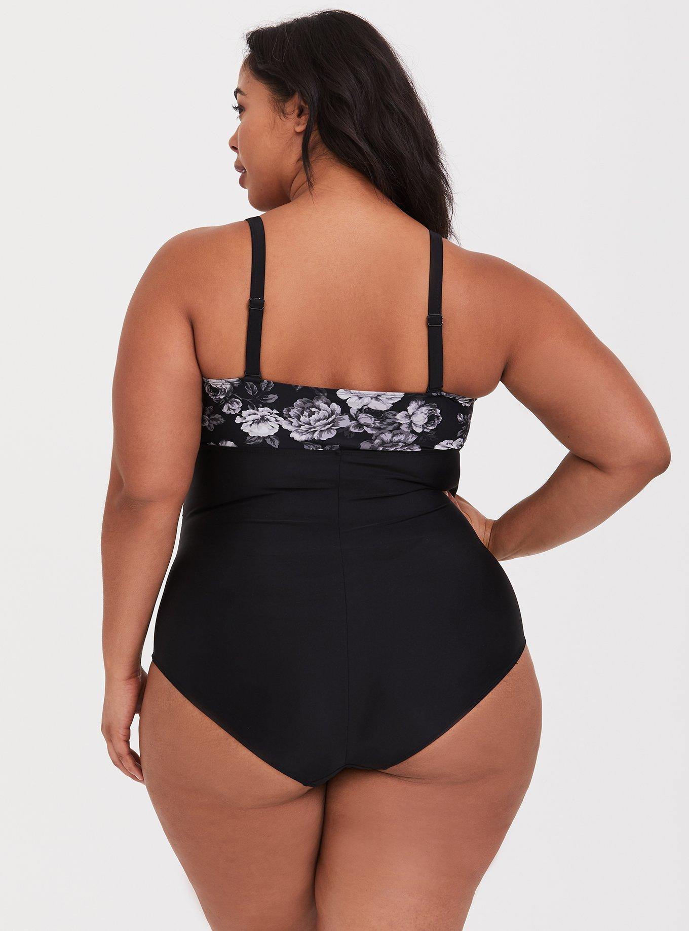 Plus Size Grey Floral Wireless One-Piece Swimsuit, , alternate