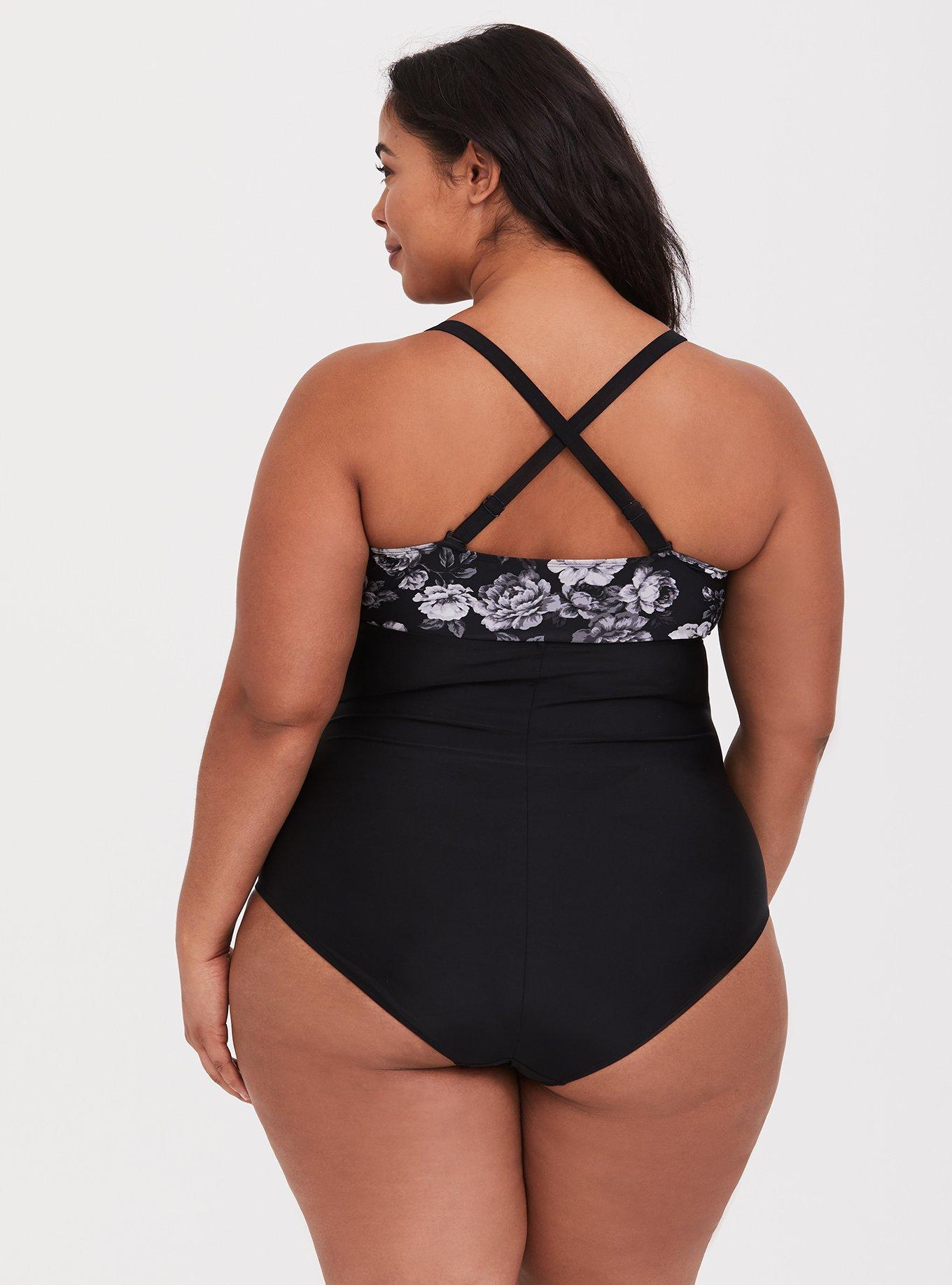 Plus Size Grey Floral Wireless One-Piece Swimsuit, , alternate