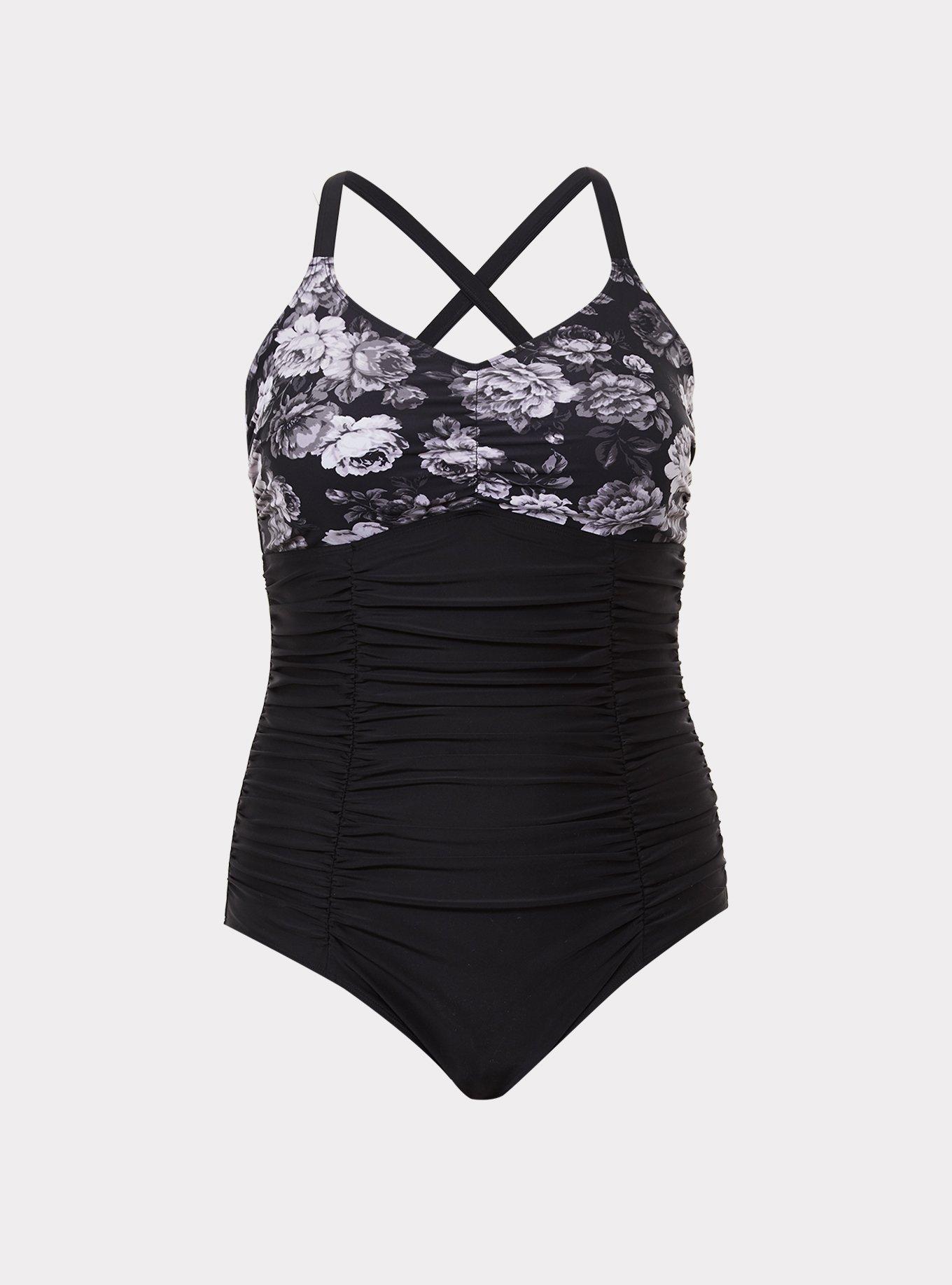 Plus Size Grey Floral Wireless One-Piece Swimsuit, , hi-res