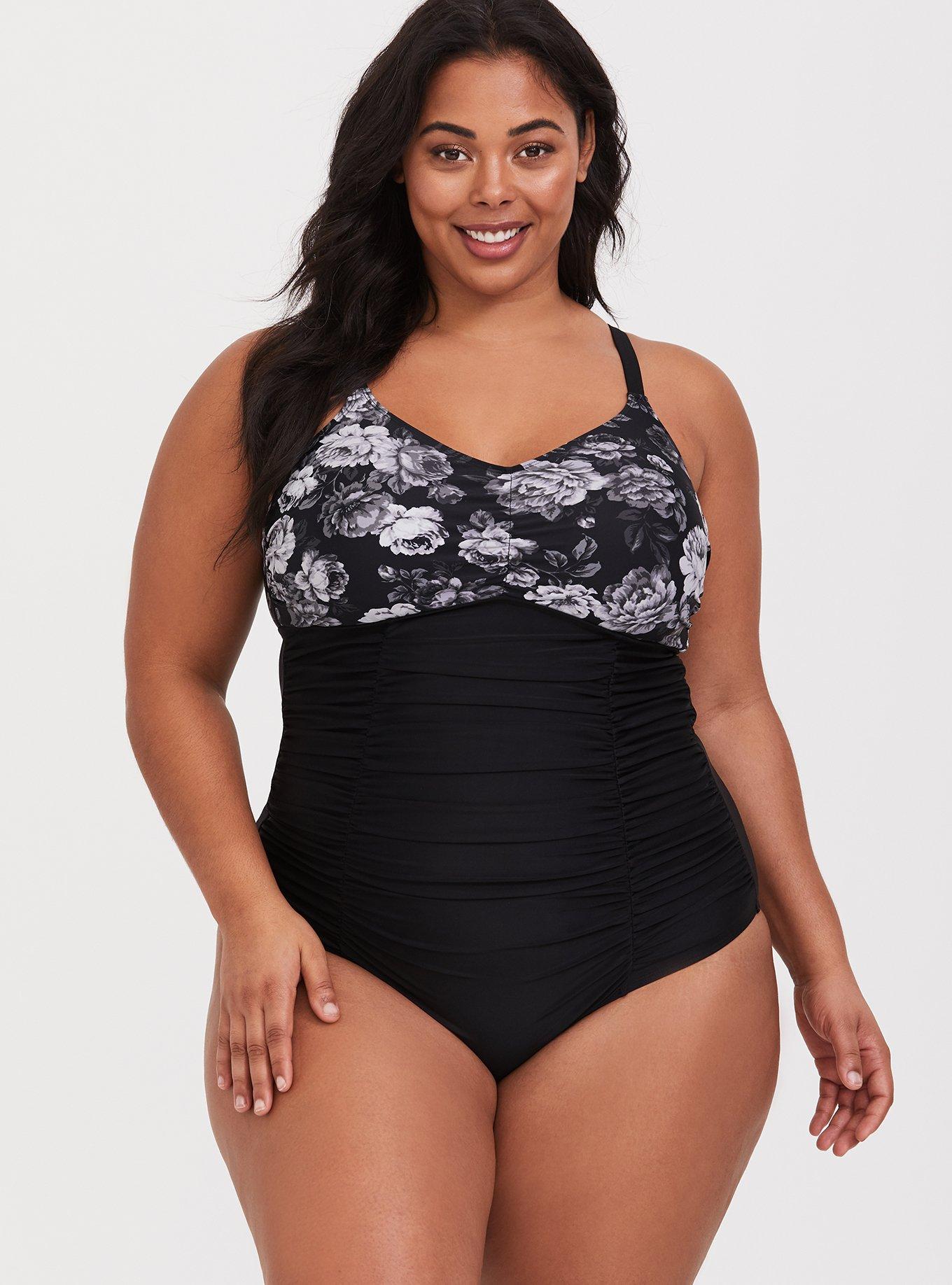 Plus Size Grey Floral Wireless One-Piece Swimsuit, , hi-res