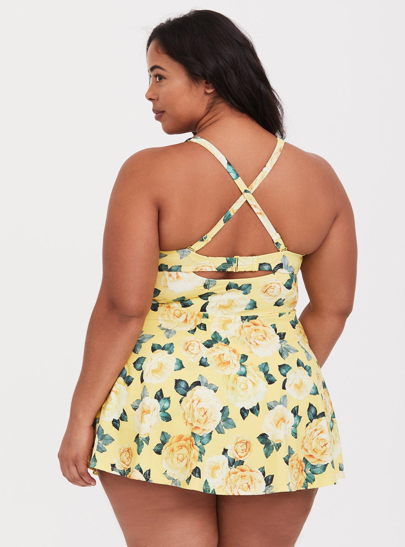 Plus Size - Yellow Floral Underwire One-Piece Swim Dress - Torrid