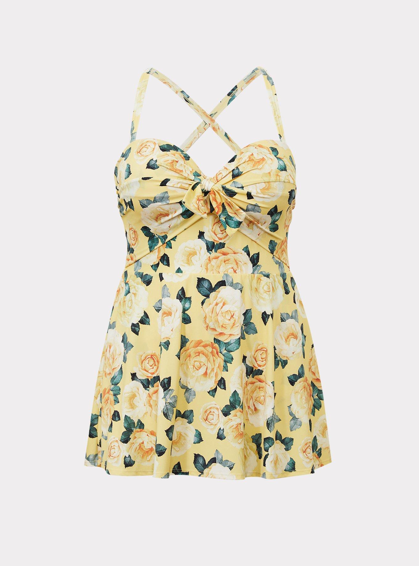 Yellow Floral Underwire One-Piece Swim Dress, , hi-res