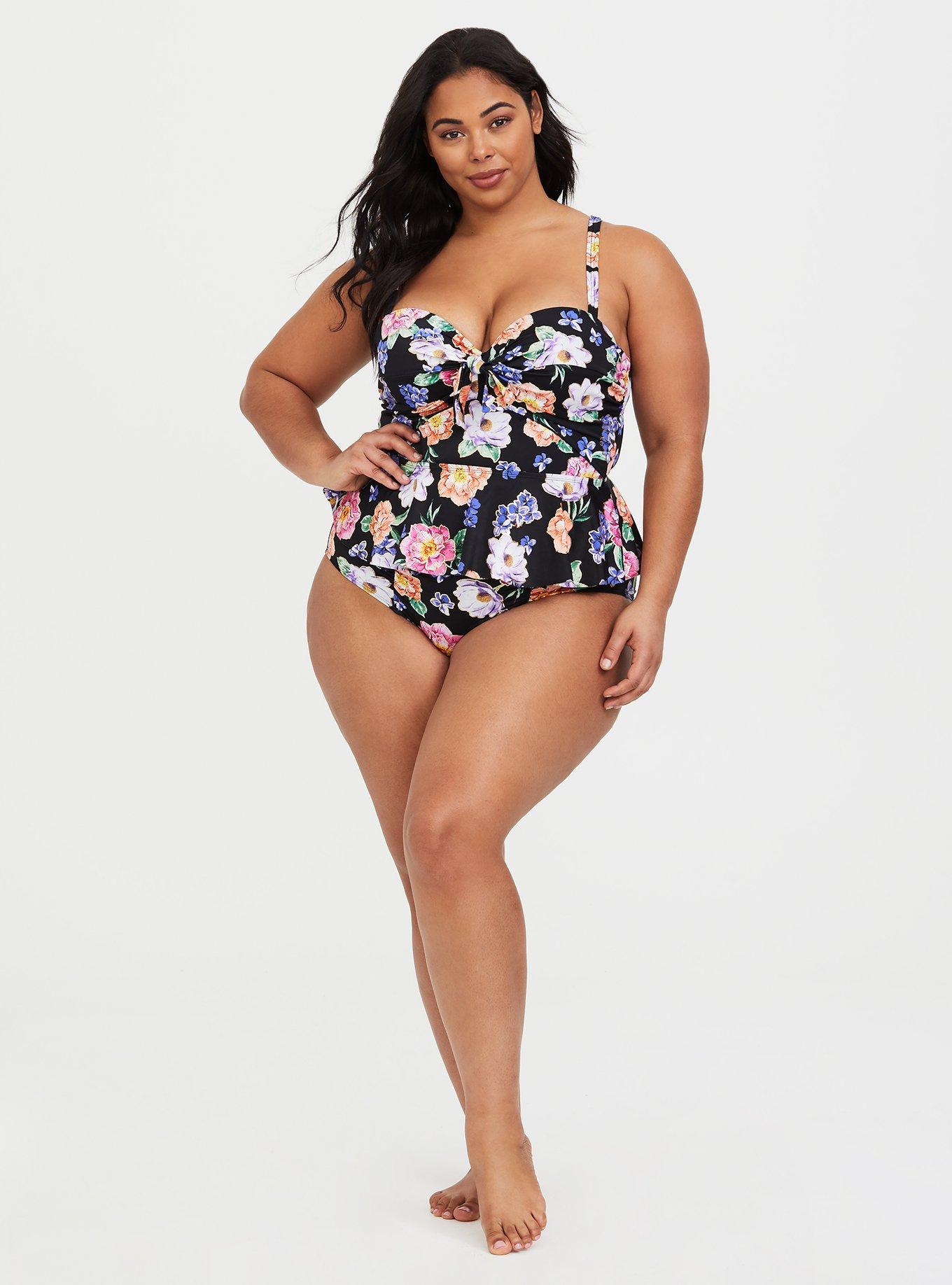 Plus Size Black Floral Tie Front Underwire Peplum Midkini Top, , alternate