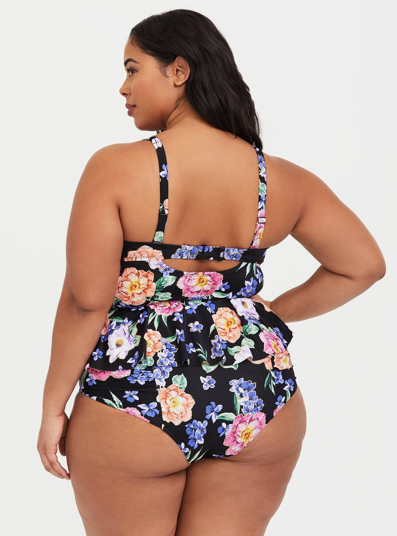 Plus Size Black Floral Tie Front Underwire Peplum Midkini Top, , alternate