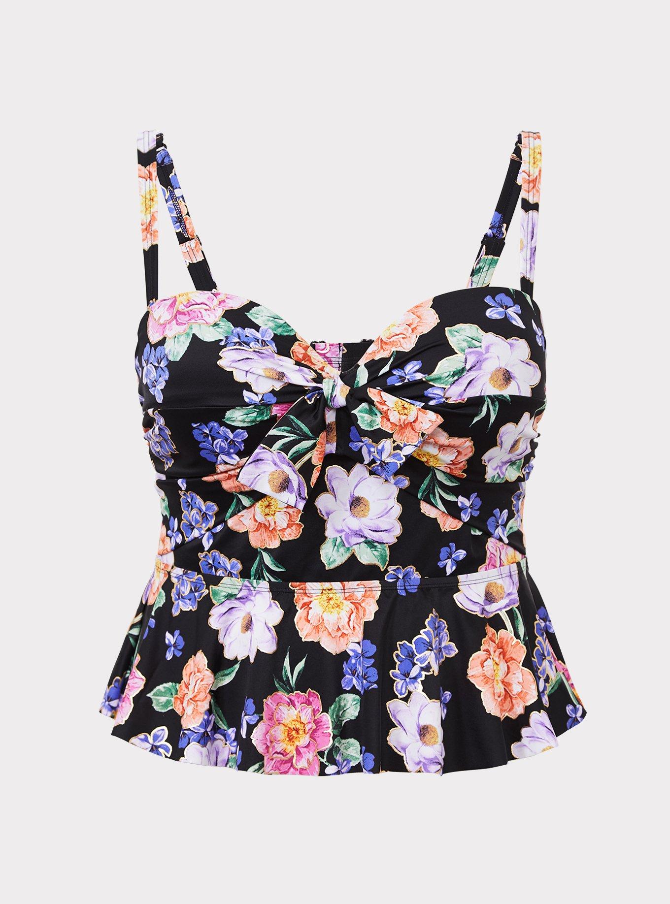 Plus Size Black Floral Tie Front Underwire Peplum Midkini Top, , hi-res