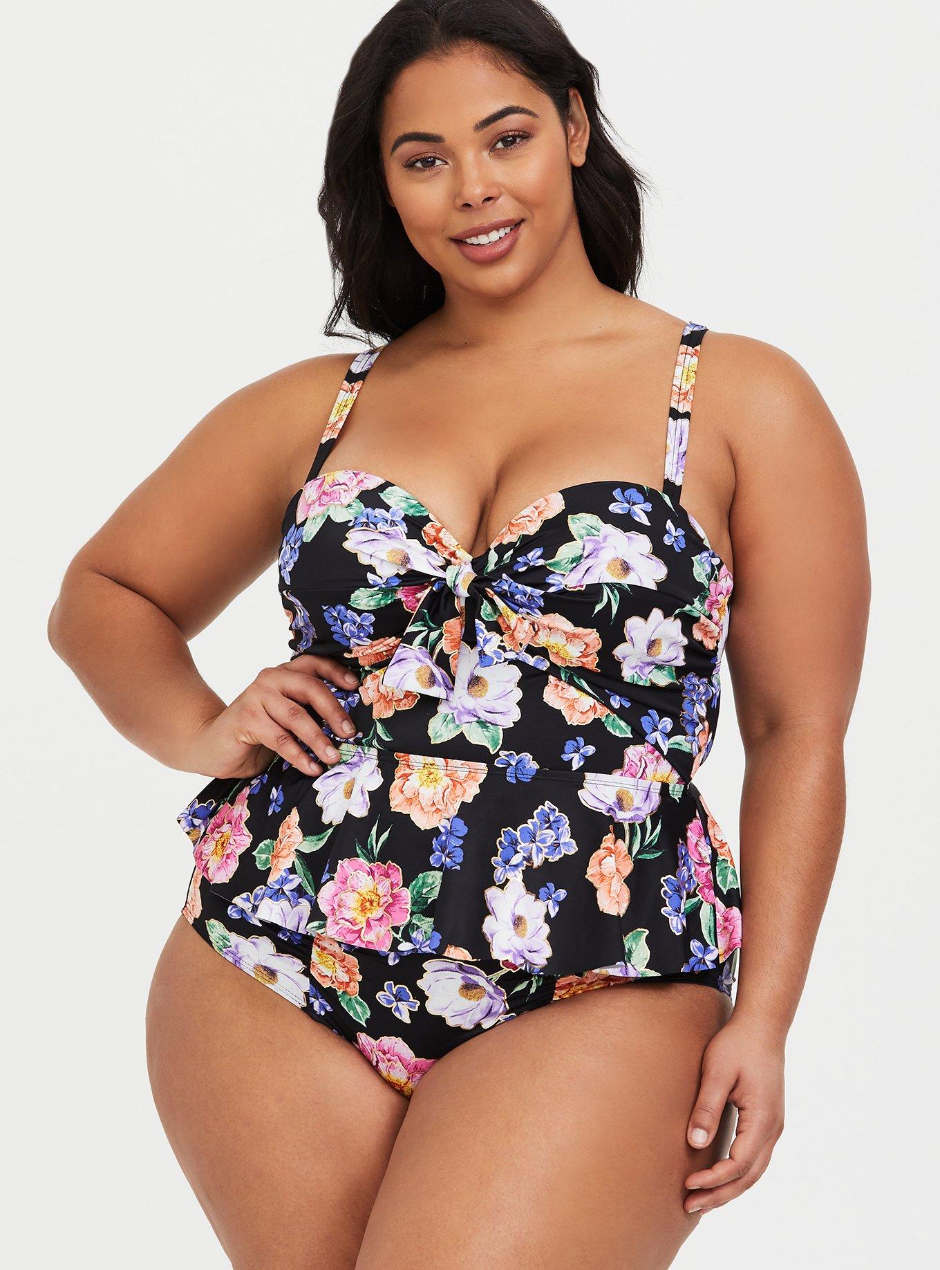 Plus Size Black Floral Tie Front Underwire Peplum Midkini Top, , hi-res