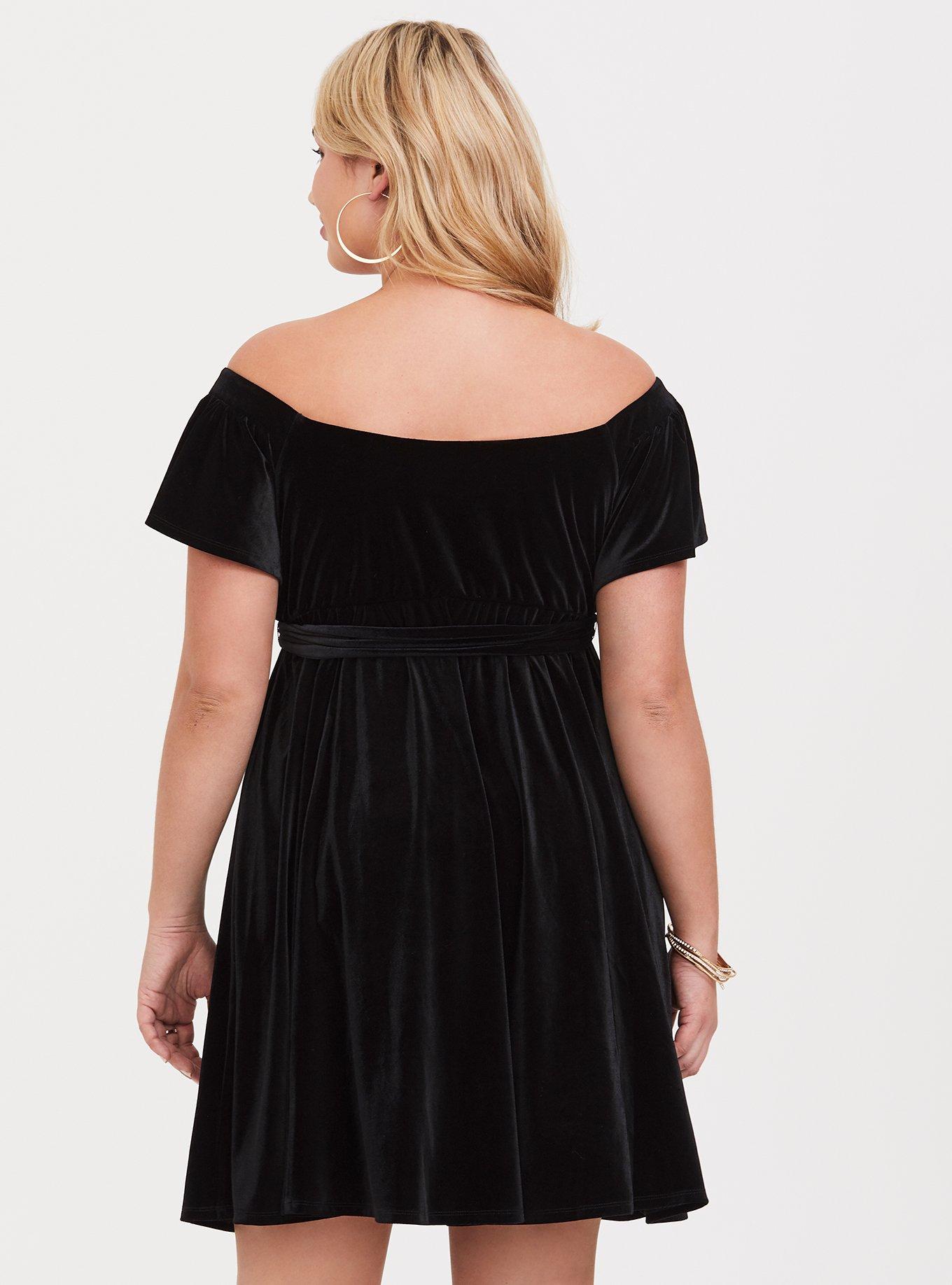 Plus Size - Black Off the Shoulder Velvet Skater Dress - Torrid