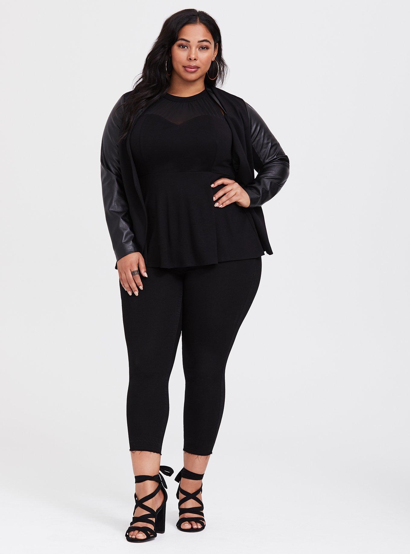 Plus Size Black High Neck Peplum Top, DEEP BLACK, alternate