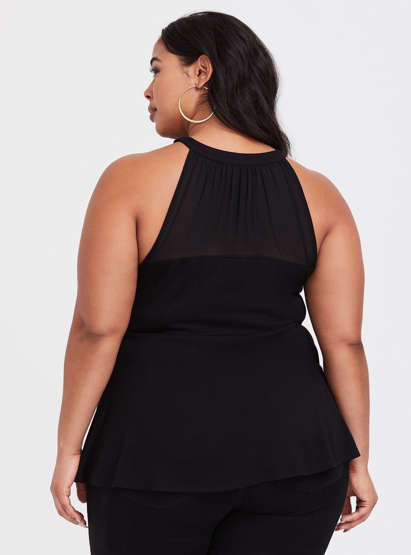 Plus Size Black High Neck Peplum Top, DEEP BLACK, alternate