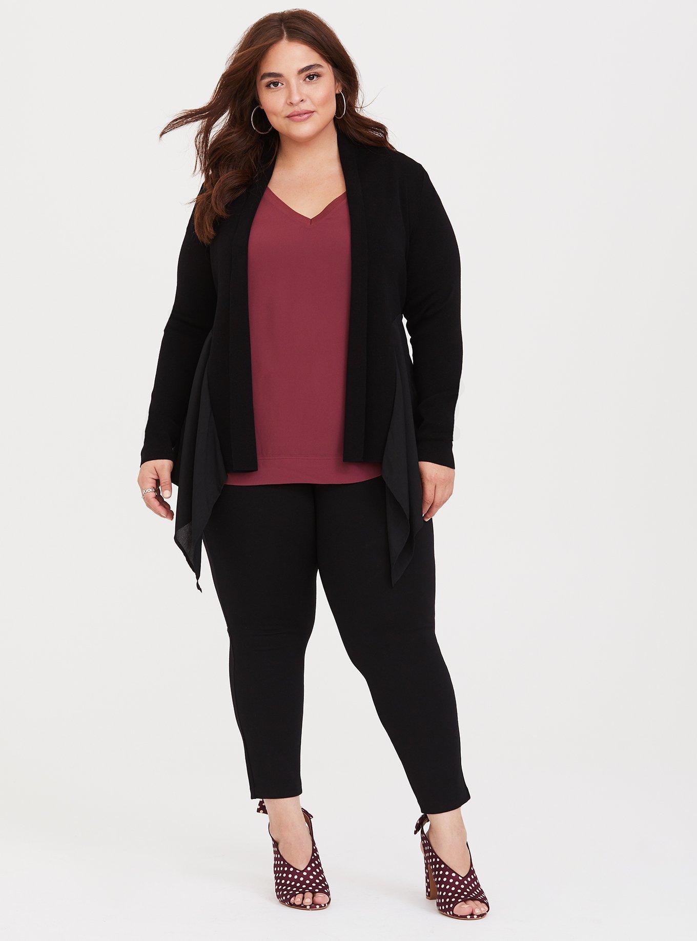 Plus Size Red Knit Trimmed Chiffon Dolman Blouse, , alternate