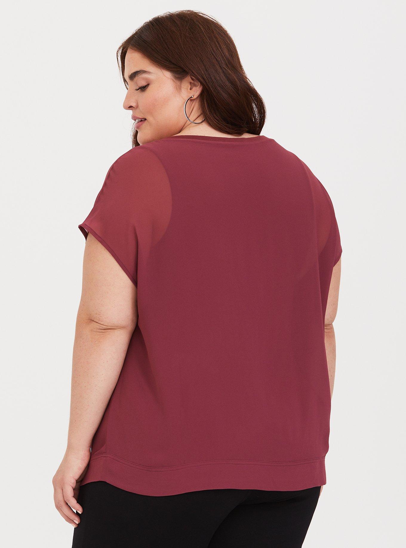Plus Size Red Knit Trimmed Chiffon Dolman Blouse, , alternate