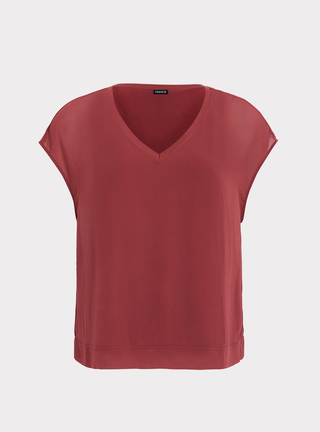Plus Size Red Knit Trimmed Chiffon Dolman Blouse, , hi-res