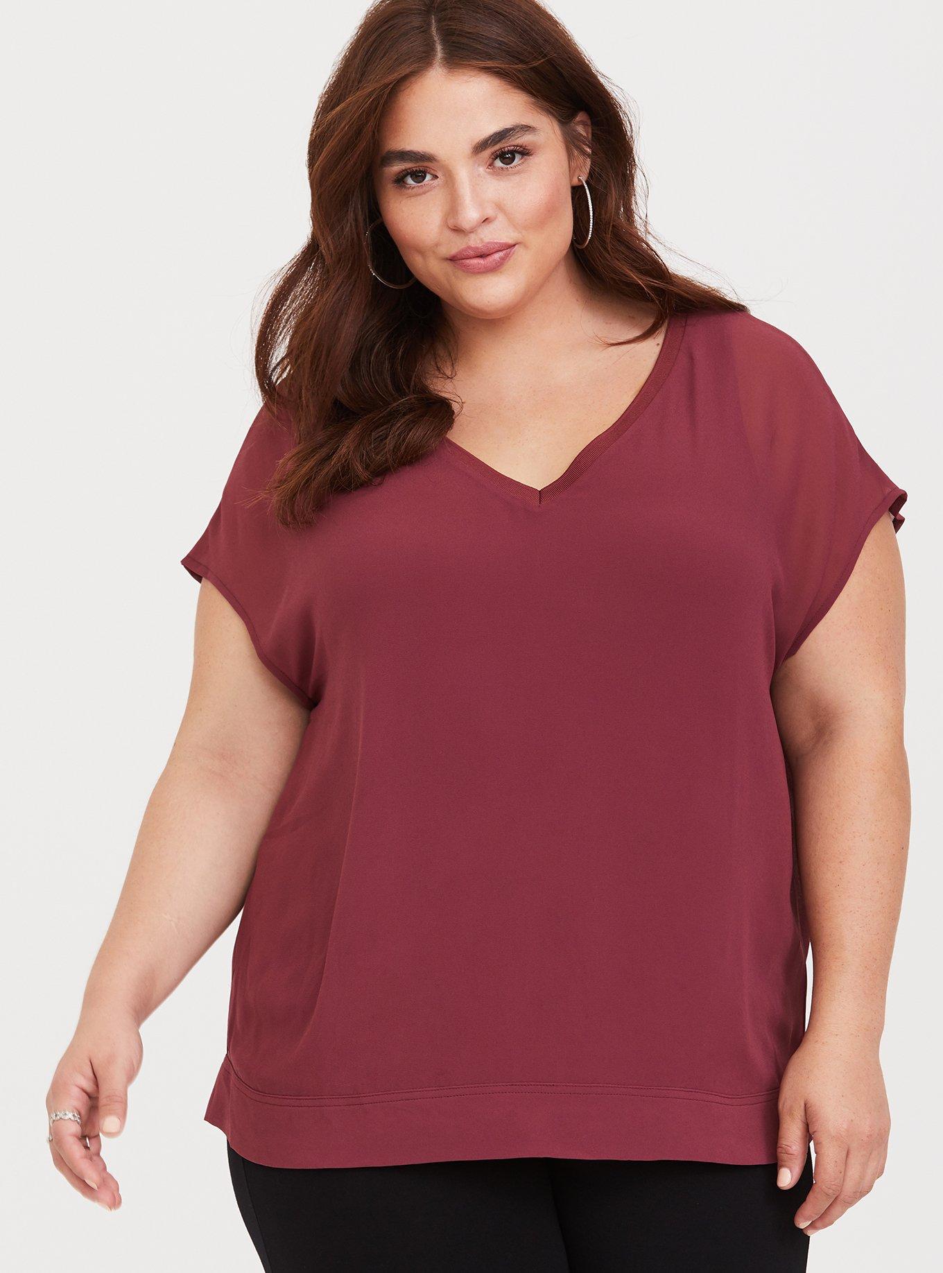 Plus Size Red Knit Trimmed Chiffon Dolman Blouse, , hi-res