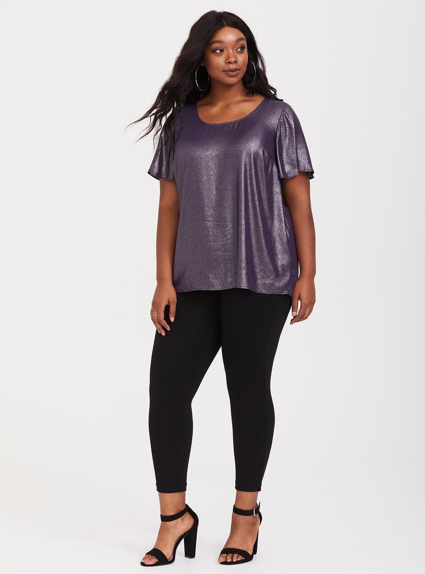 Plus Size Purple Metallic Flutter Georgette Blouse, PURPLE, alternate