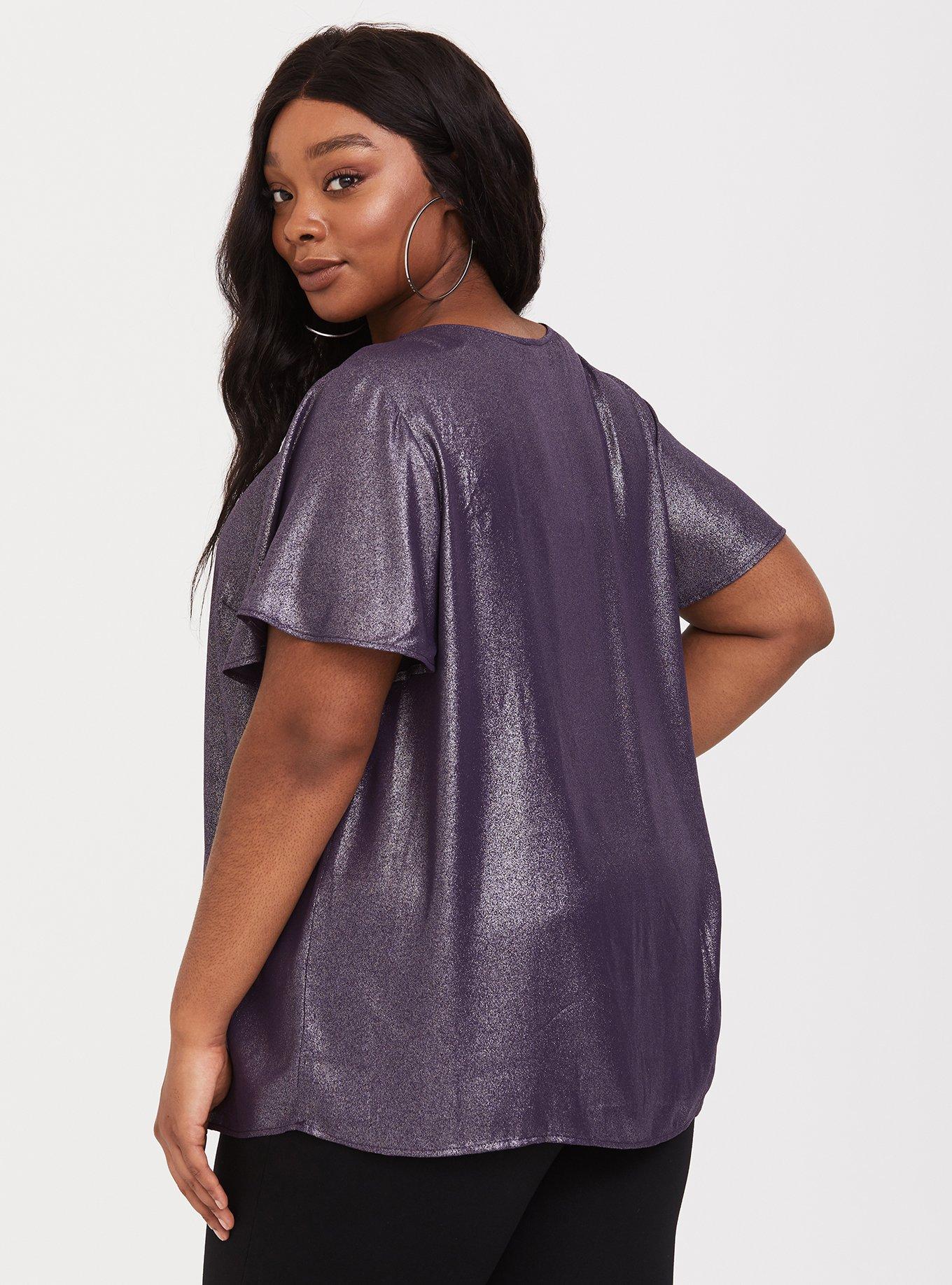 Plus Size Purple Metallic Flutter Georgette Blouse, PURPLE, alternate