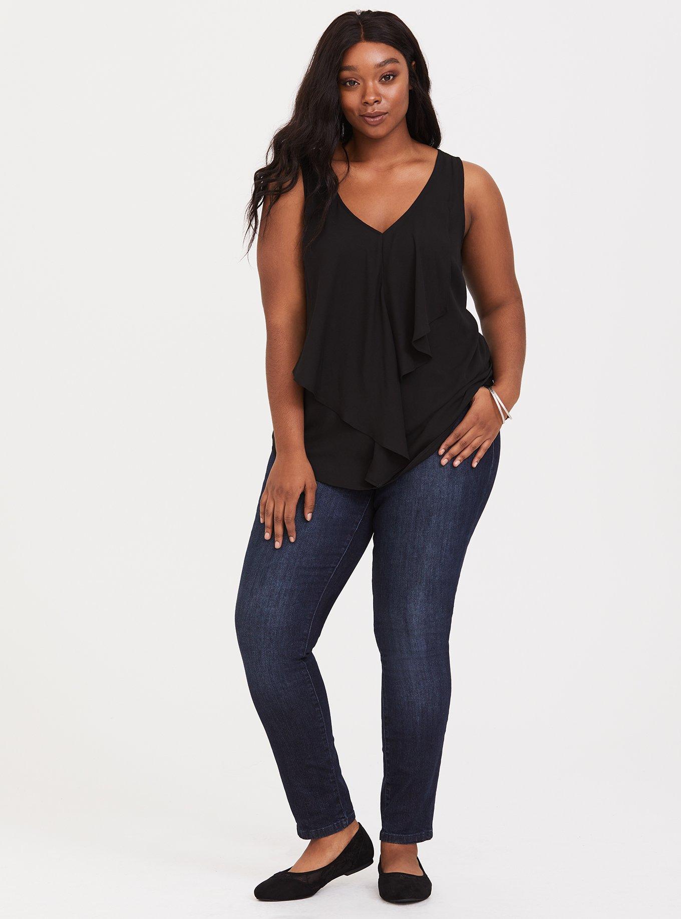Plus Size Georgette With Front Ruffle Tank, BLACK, alternate