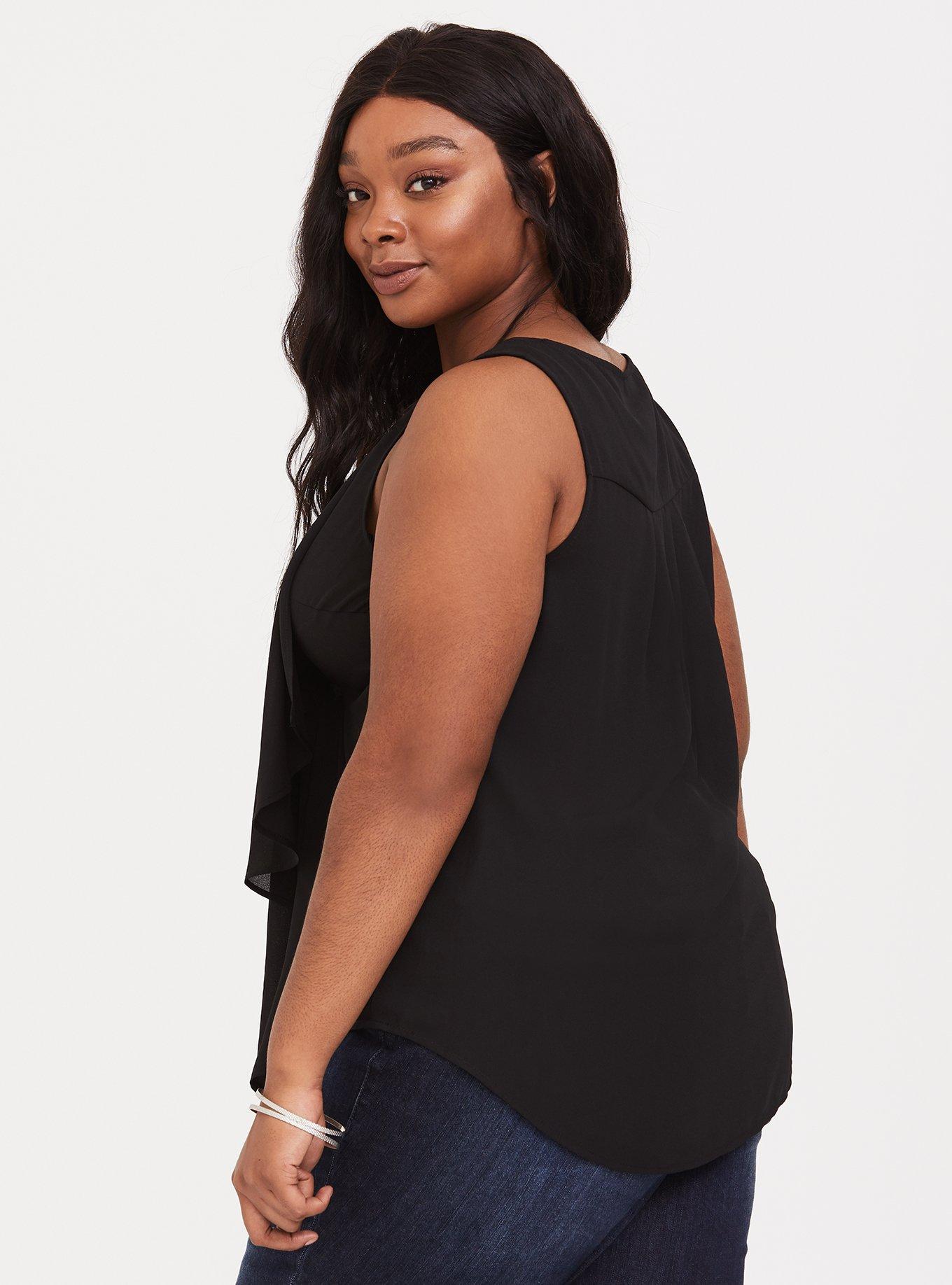 Plus Size Georgette With Front Ruffle Tank, BLACK, alternate