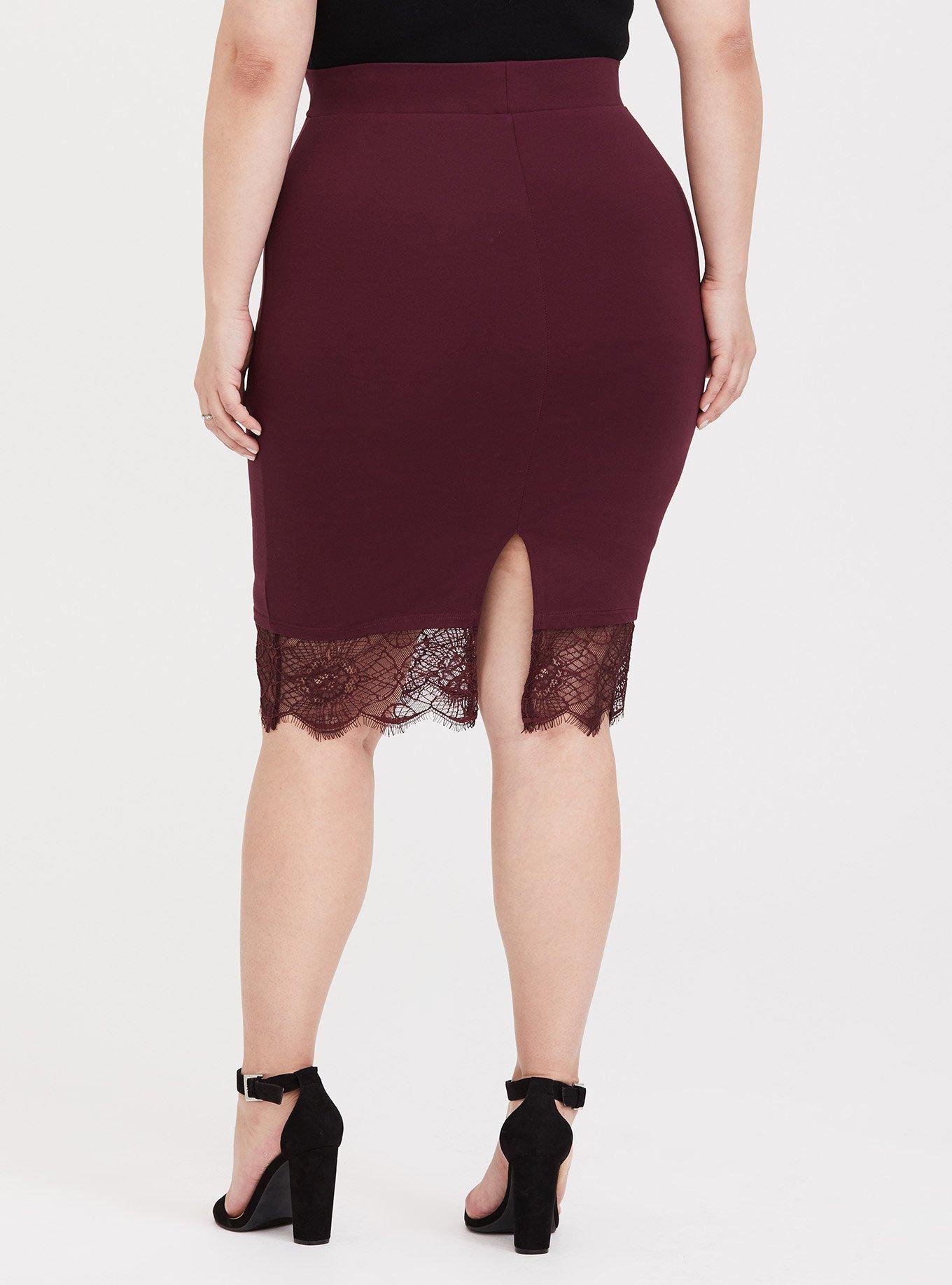 Plus Size Mini Studio Luxe Ponte Lace Trim Pencil Skirt, PORT ROYALE, alternate