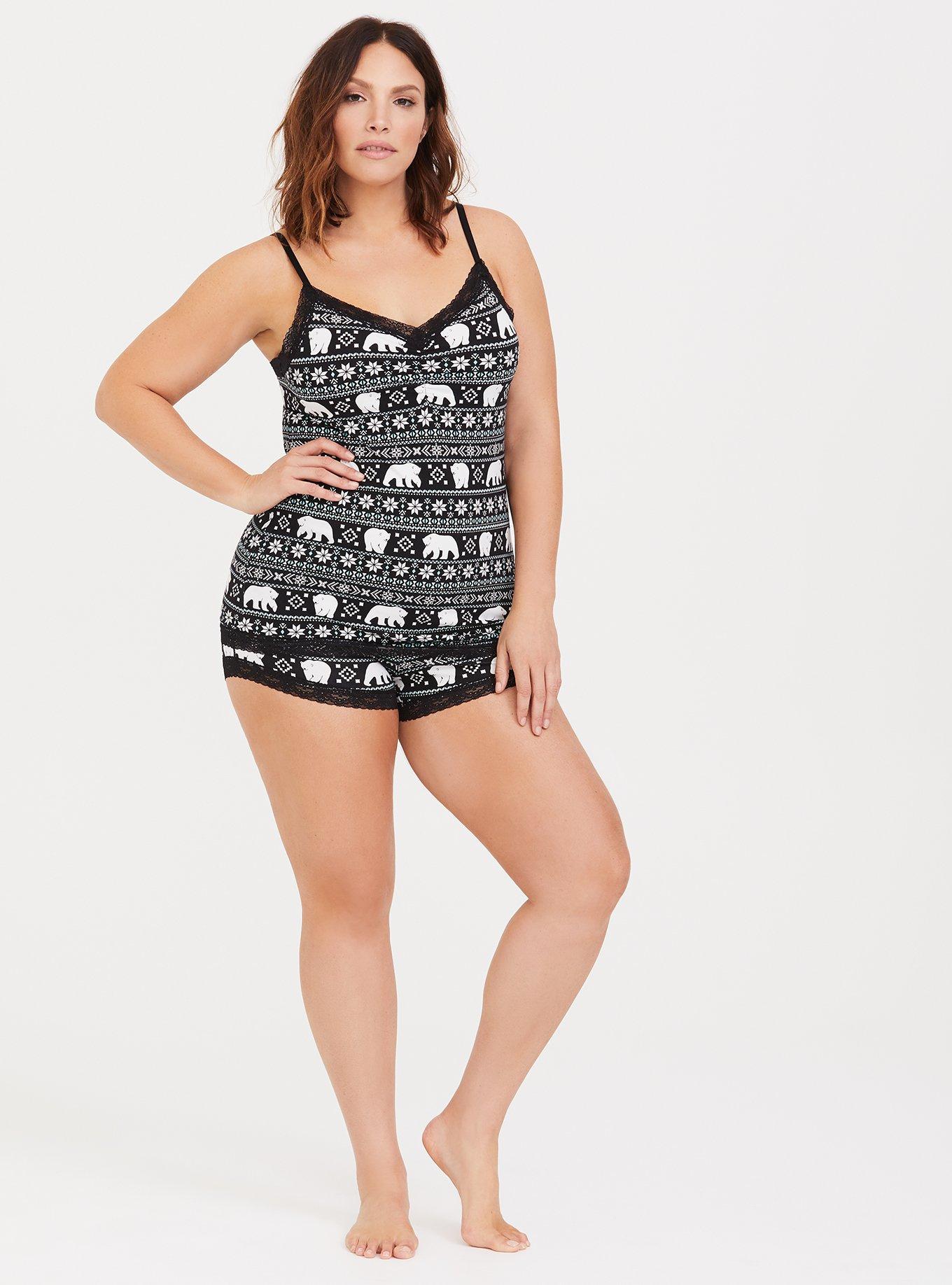 Plus Size Black Fair Isle Lace Trim Sleep Short, MULTI, alternate