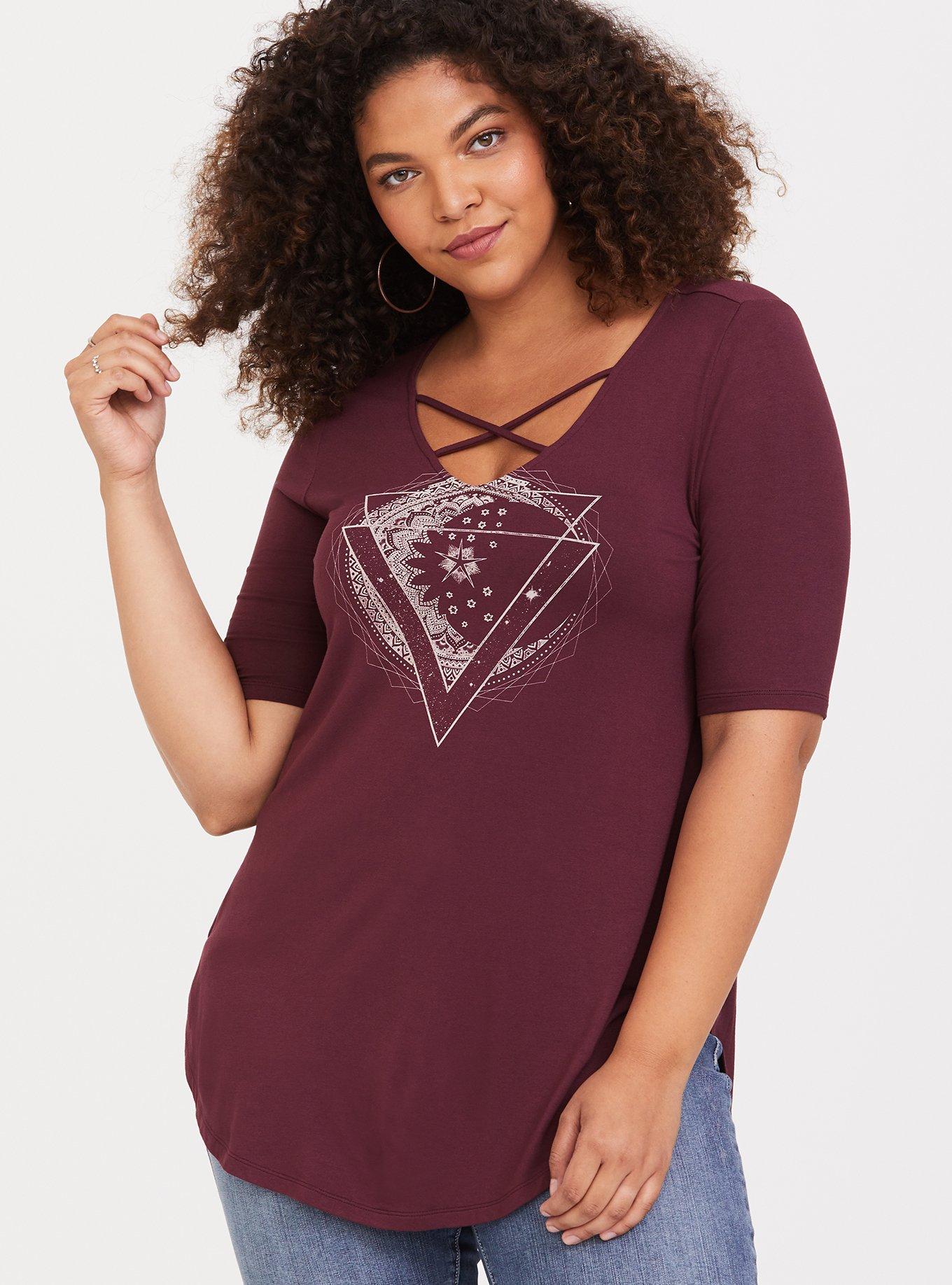 Plus Size Super Soft Burgundy Mystical Strappy Tunic, , hi-res