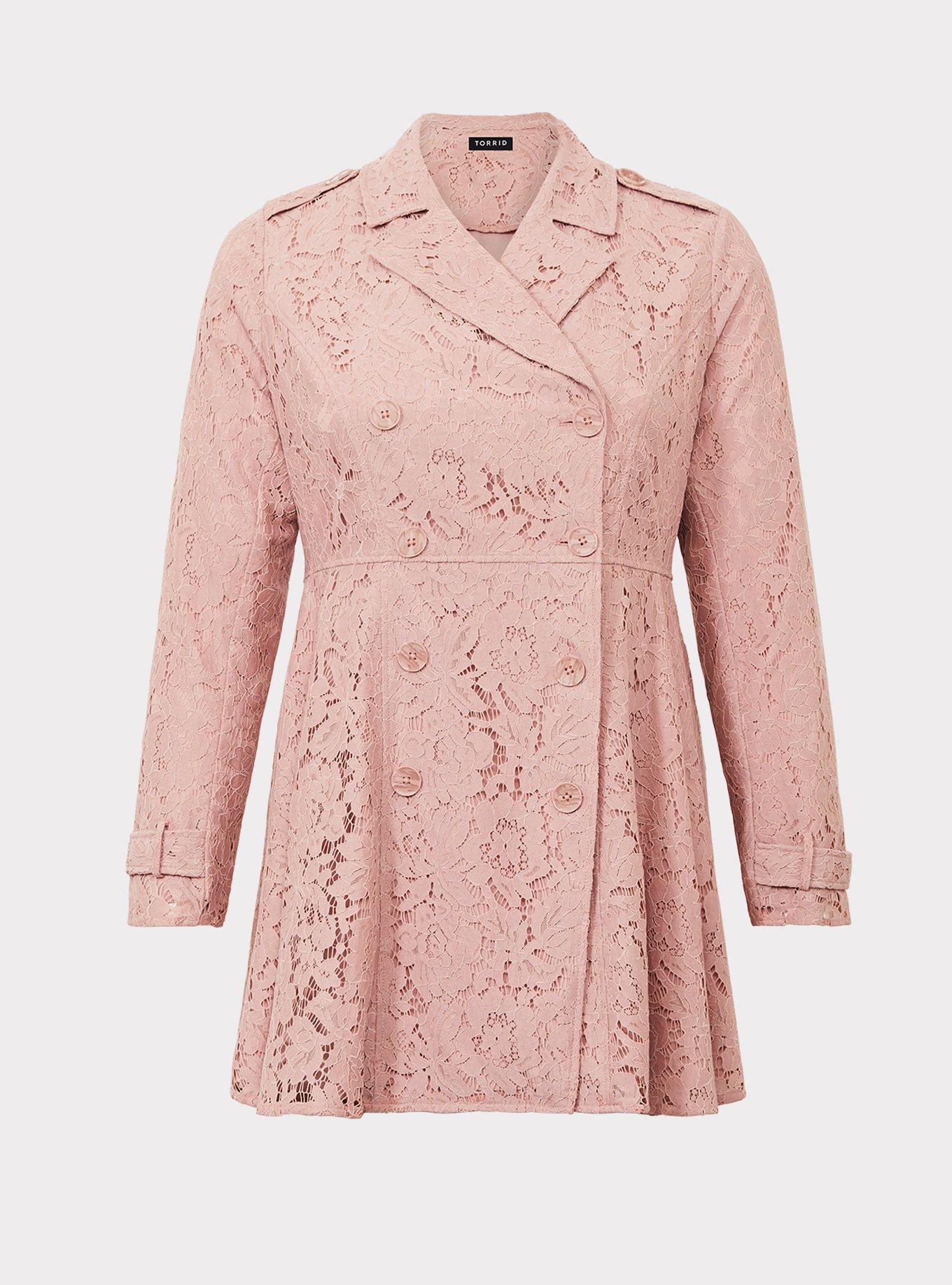 Plus Size Pink Lace Trench Coat, , hi-res