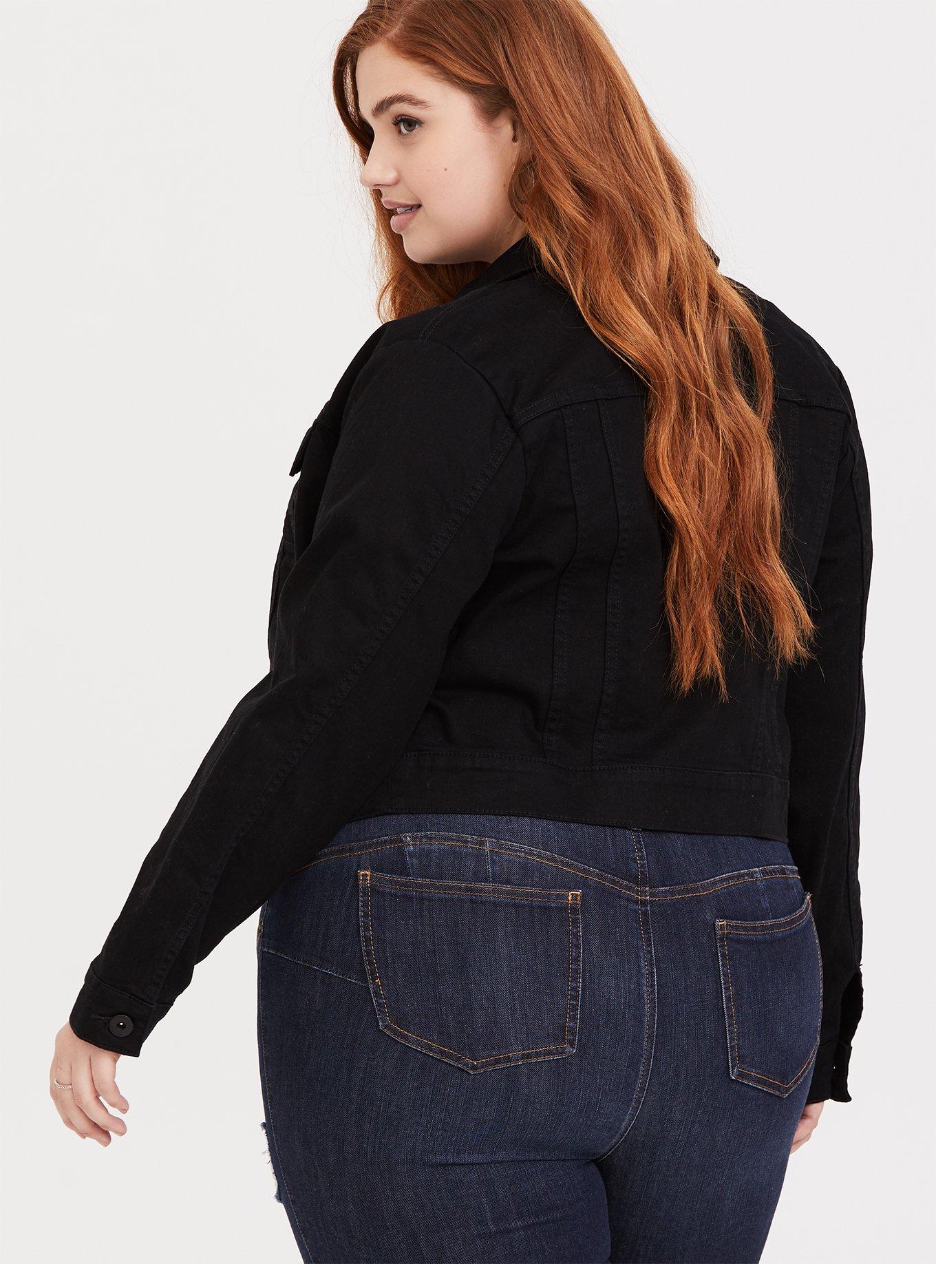 Black cropped denim jacket plus size sales