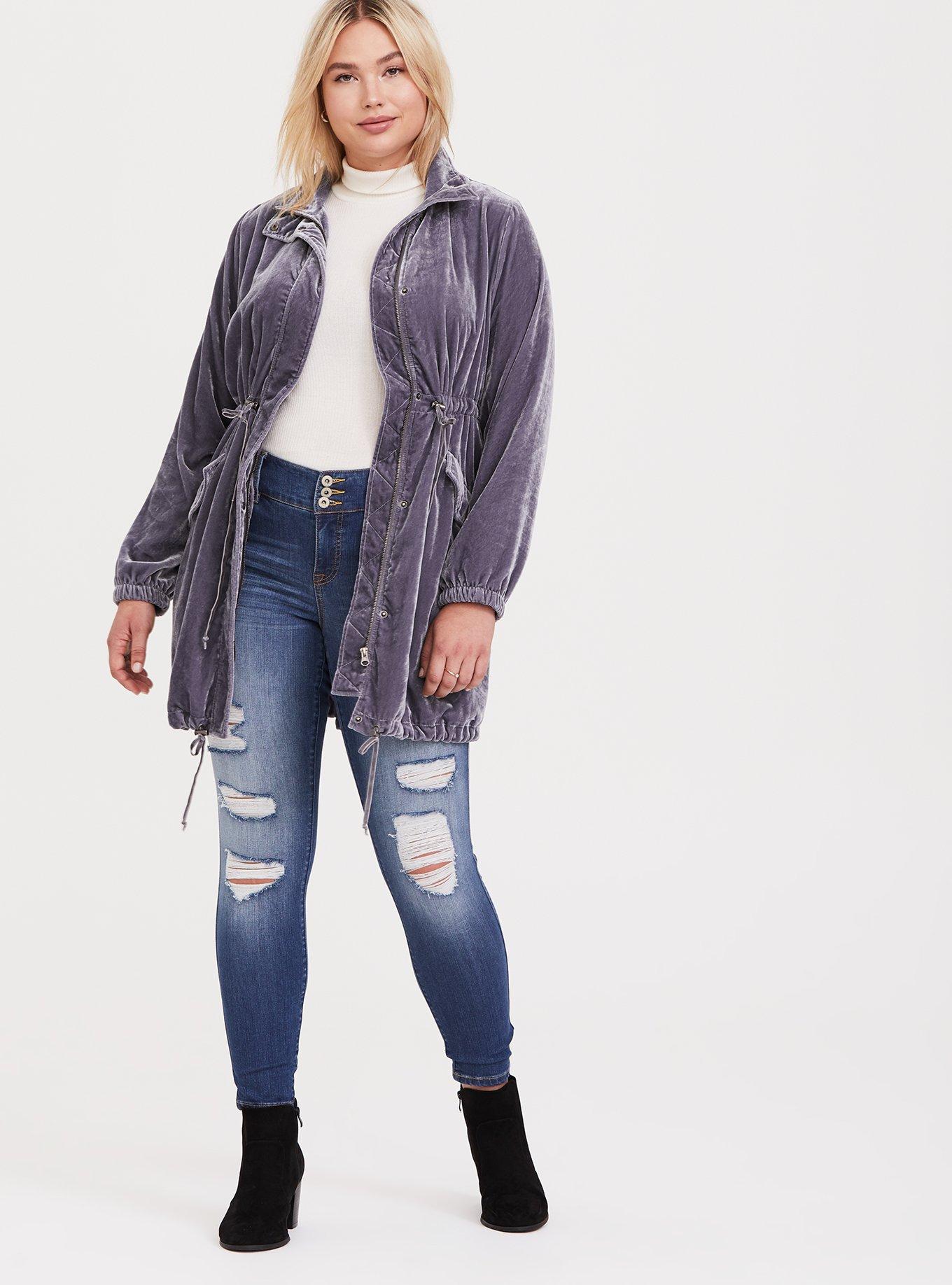 Plus Size Velvet Anorak, GREY, alternate