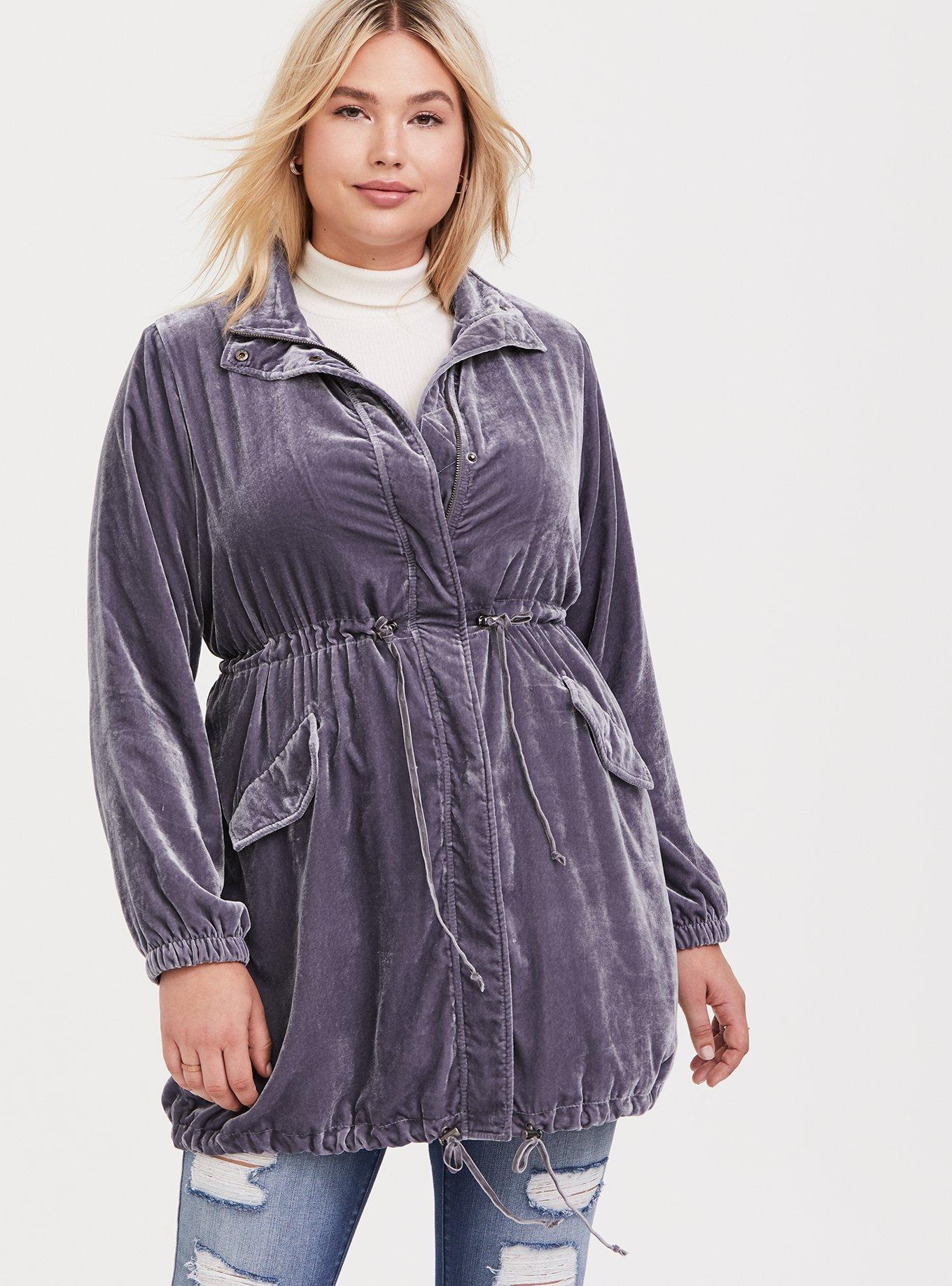 Plus Size Velvet Anorak, GREY, hi-res