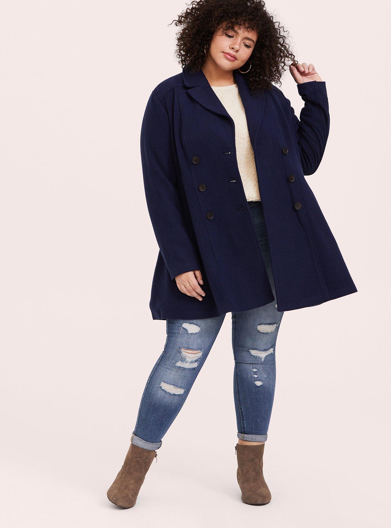 Plus Size - Outlander Navy Double-Breasted Swing Coat - Torrid