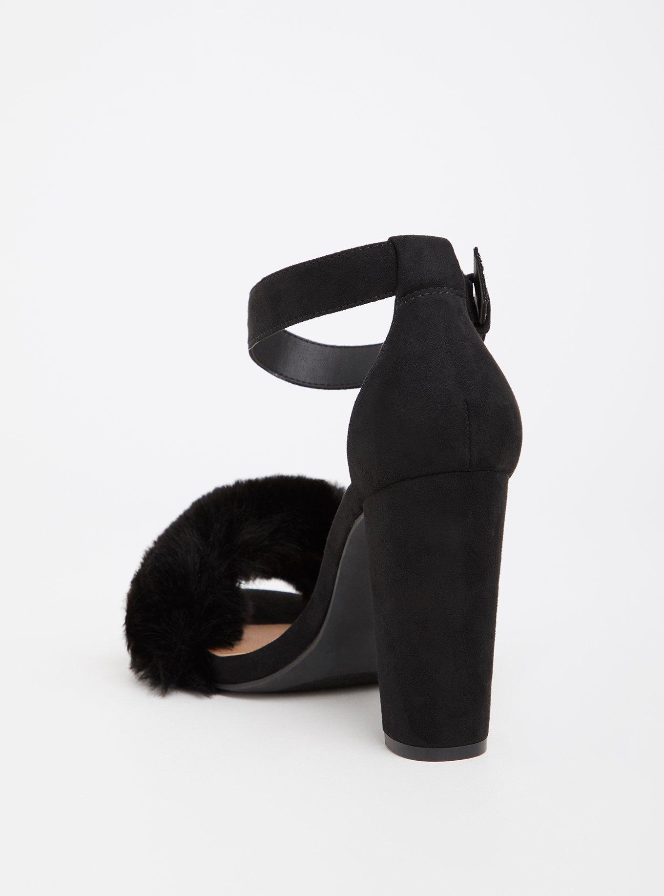 Fur Trimmed Tapered Heel Sandal (WW), BLACK, alternate