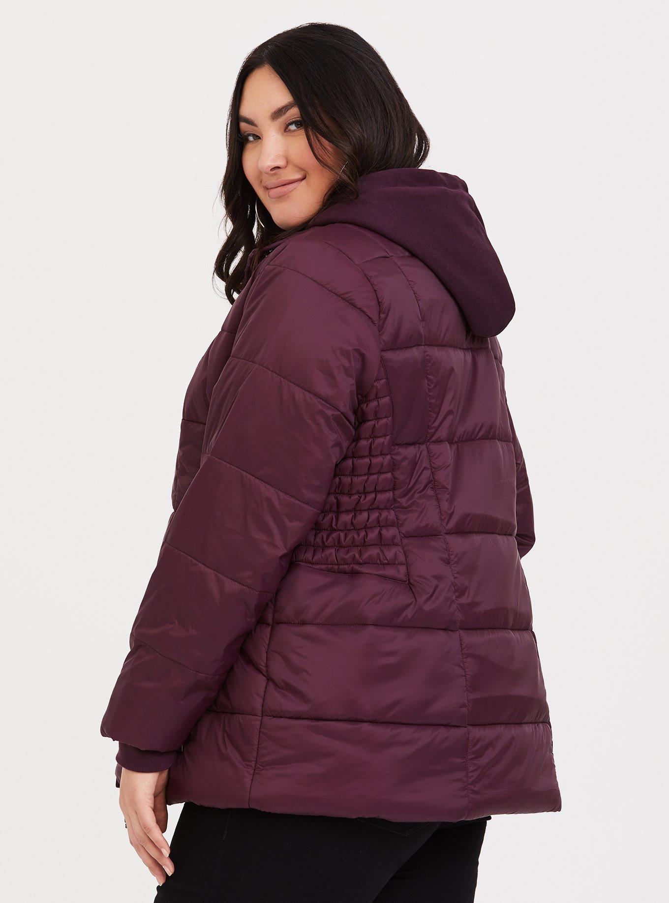 Plus Size Burgundy Nylon Puffer Jacket, BURGUNDY, alternate