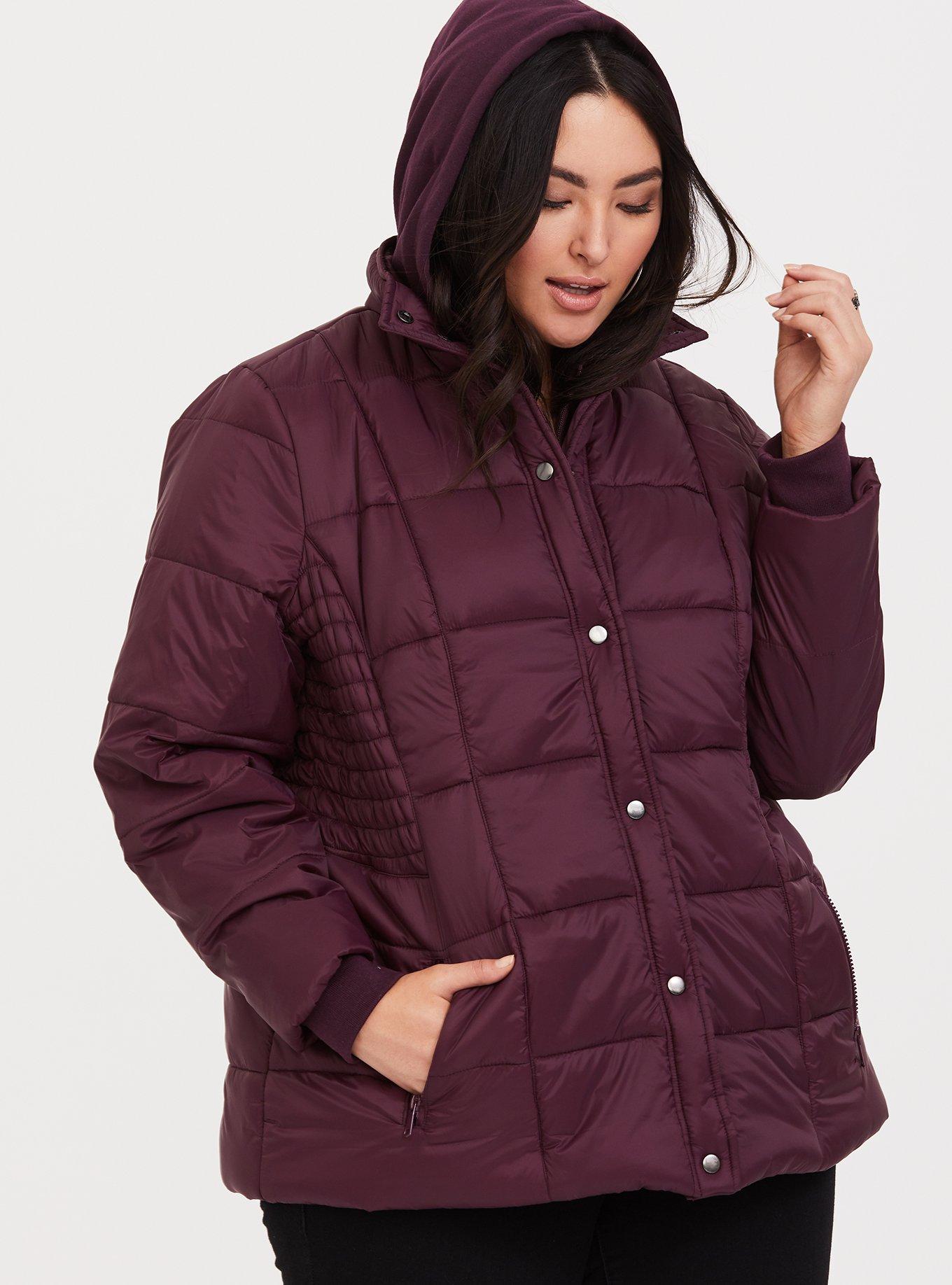 Plus Size Burgundy Nylon Puffer Jacket, BURGUNDY, alternate