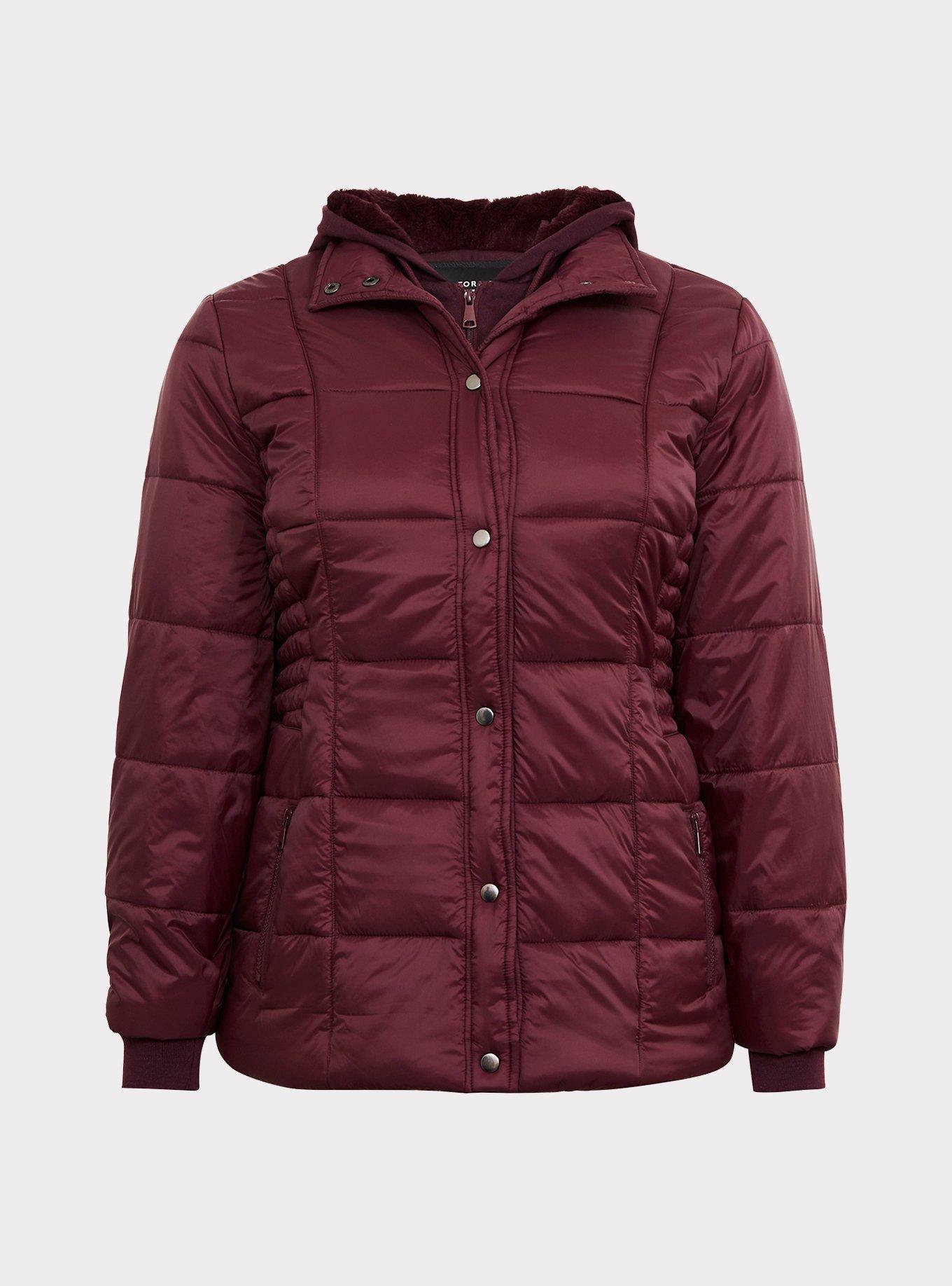 Plus Size Burgundy Nylon Puffer Jacket, , hi-res