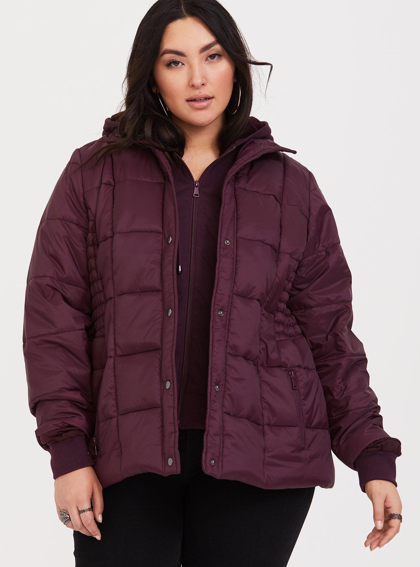 Plus Size Burgundy Nylon Puffer Jacket, , hi-res