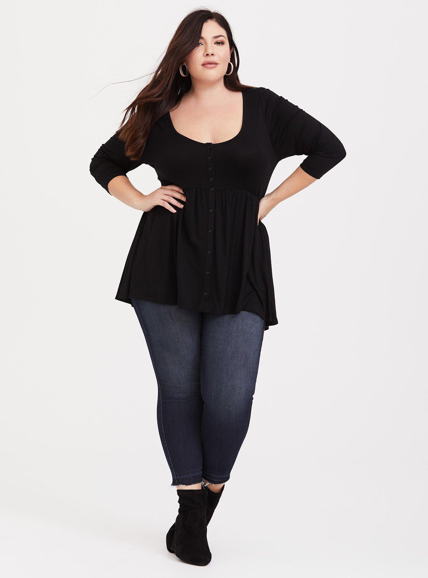 Babydoll Super Soft Button-Front 3/4 Sleeve Top, DEEP BLACK, alternate