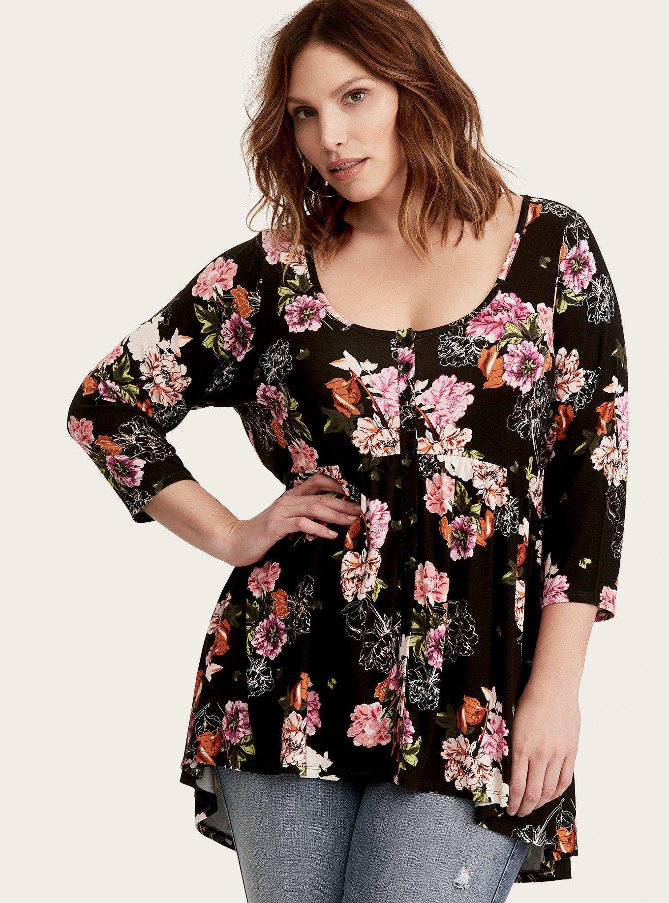 Plus Size - Babydoll Super Soft Button-Front 3/4 Sleeve Top - Torrid