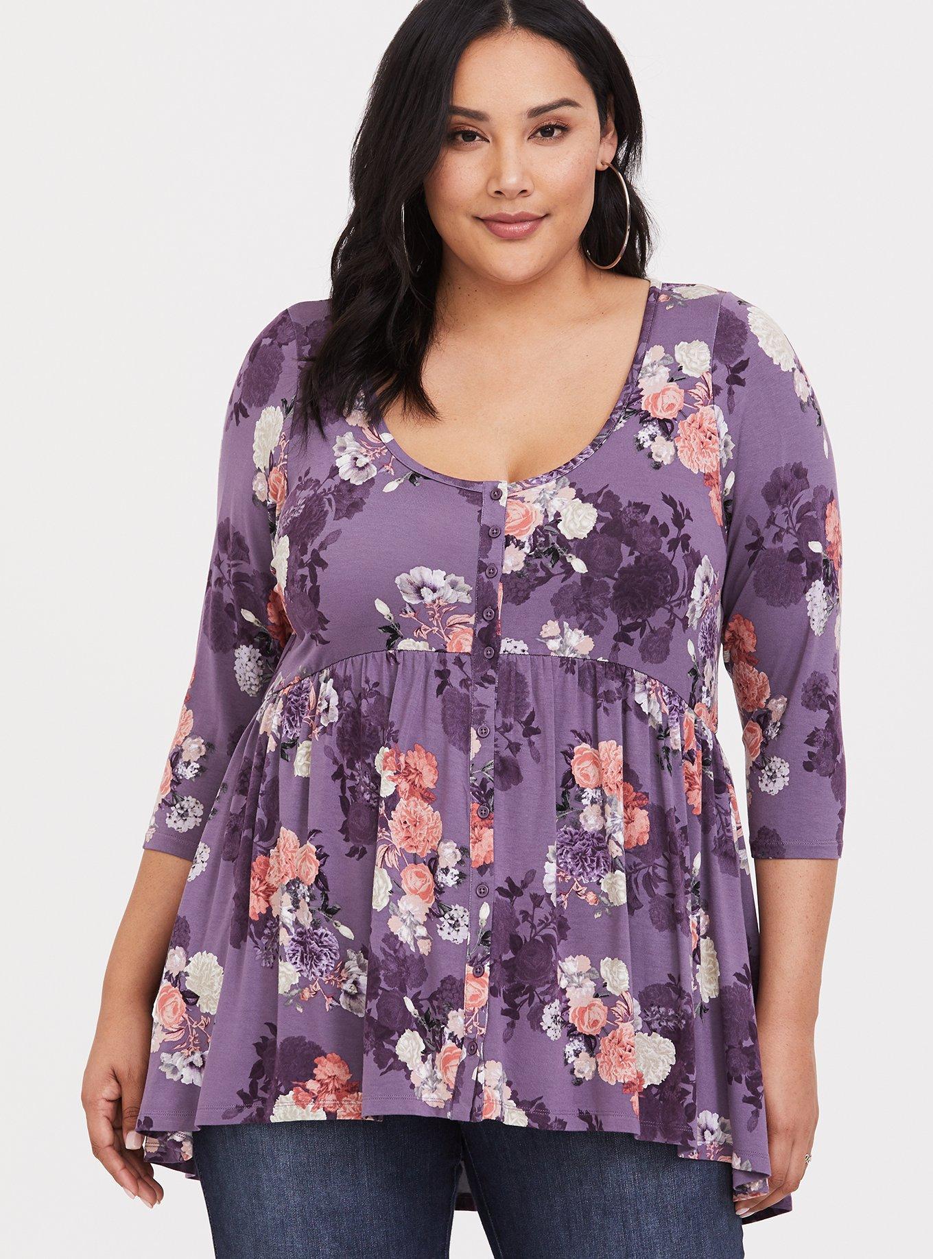 Plus Size - Babydoll Super Soft Button-Front 3/4 Sleeve Top - Torrid