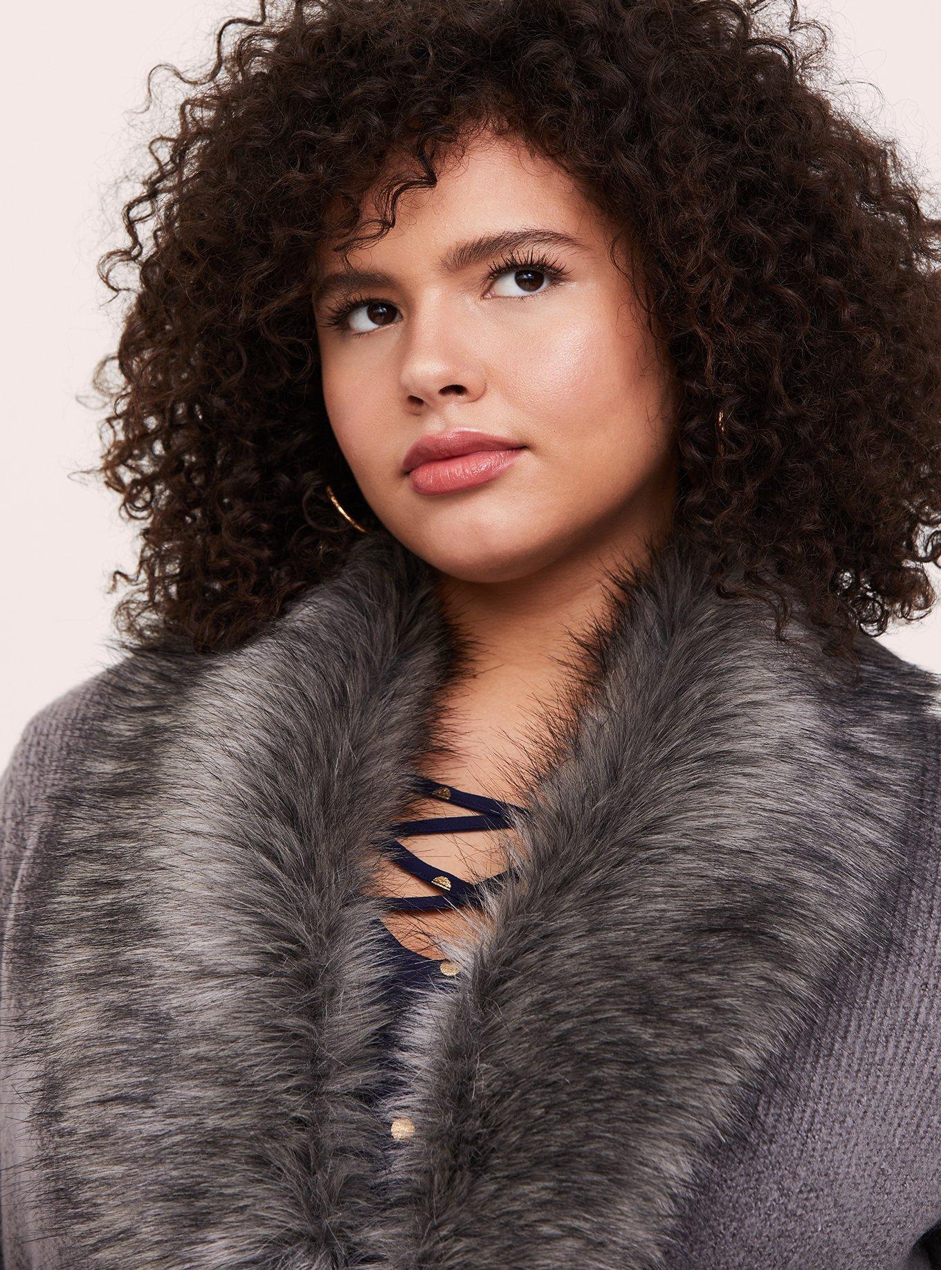 Plus Size - Chunky Coatigan Fur Trim Collar Belted Sweater