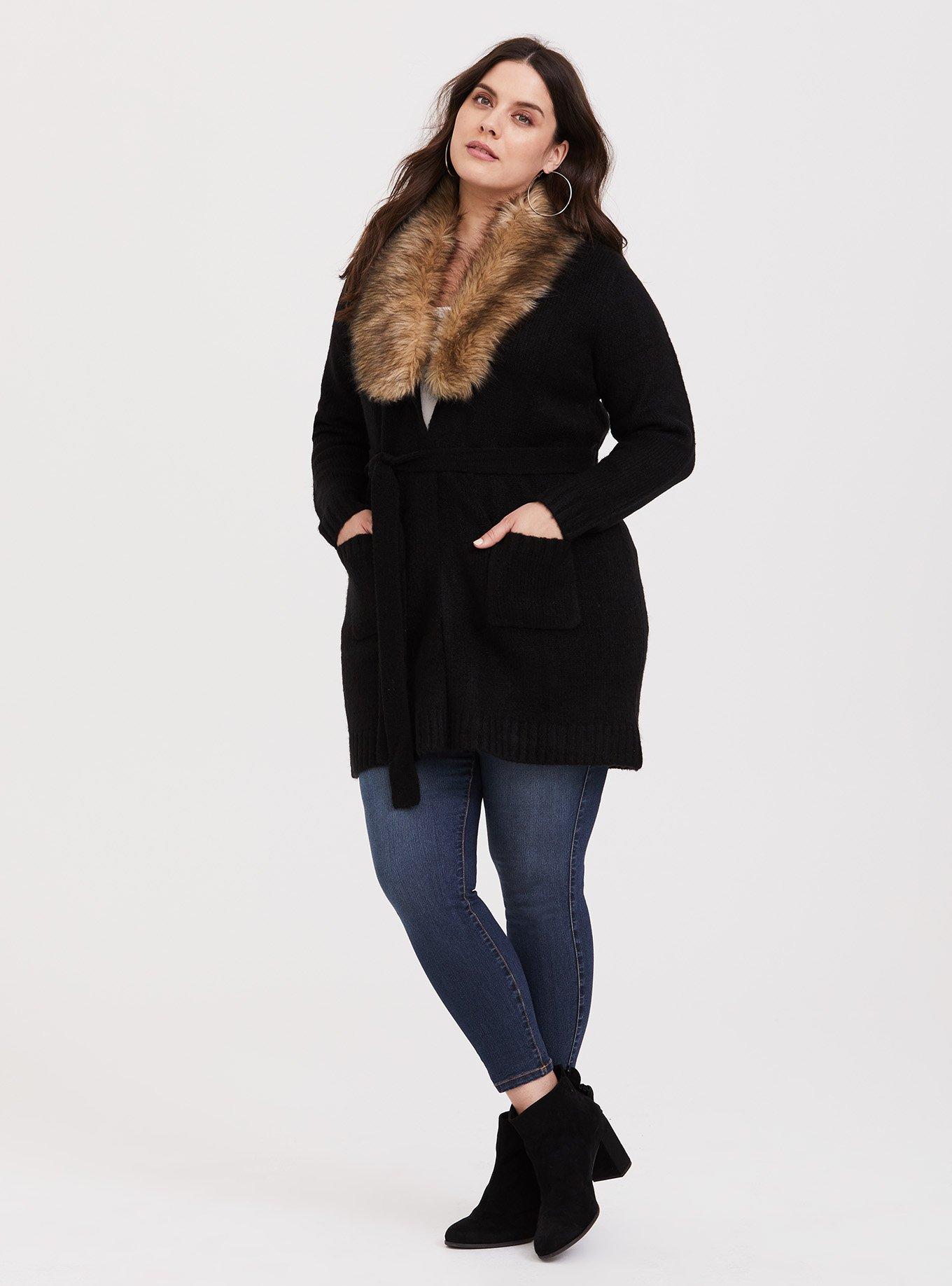 Plus Size Chunky Coatigan Fur Trim Collar Belted Sweater Torrid