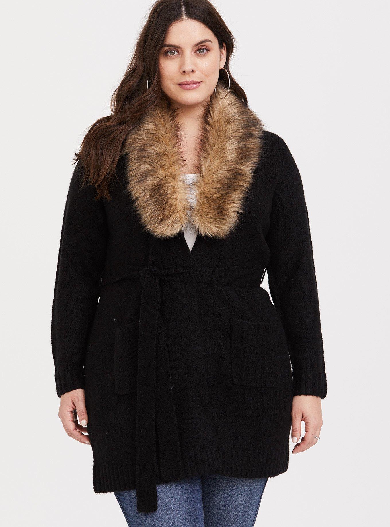 Plus Size - Chunky Coatigan Fur Trim Collar Belted Sweater - Torrid