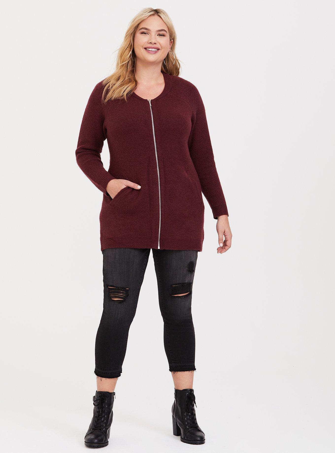 Cardigan Zip-Front Bomber Sweater, BURGUNDY, alternate